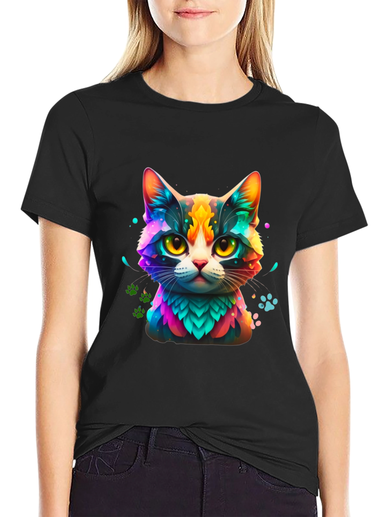 Vibrant Cat Graphic Tee - Colorful Feline Design