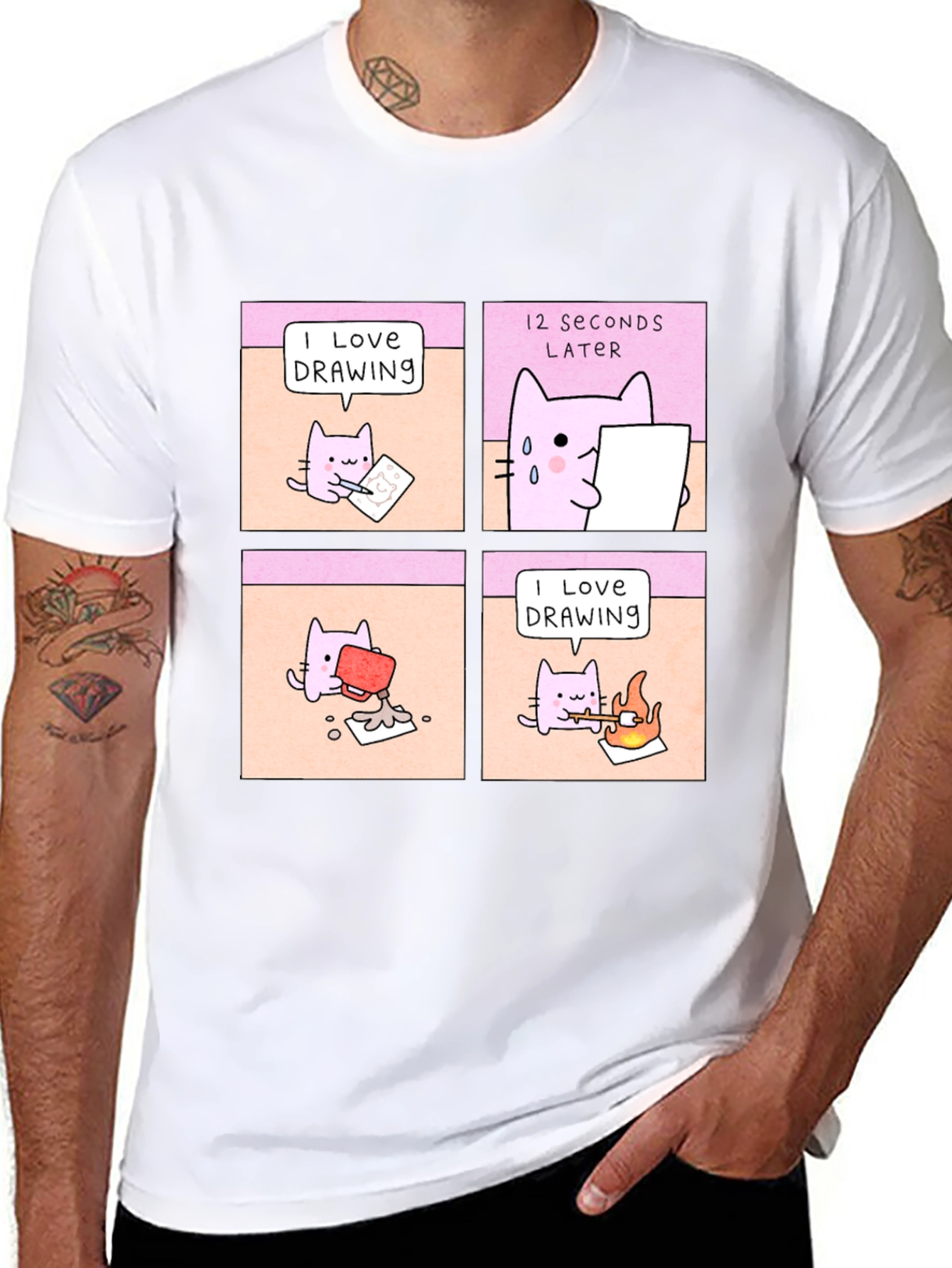 Funny Cat Drawing Comic T-Shirt