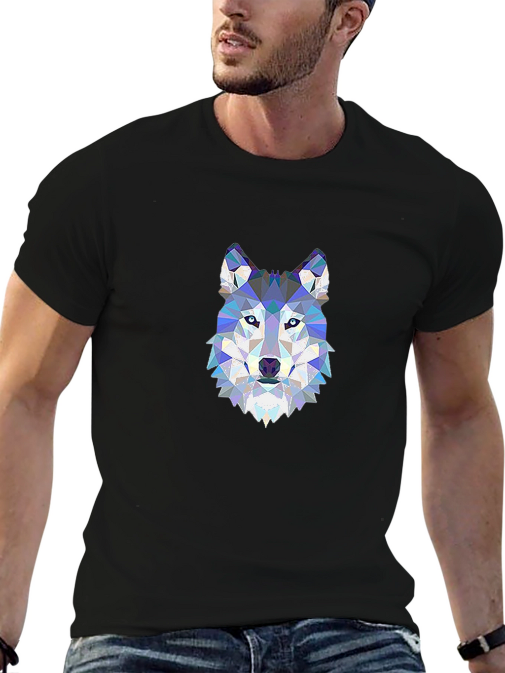 Geometric Wolf Head Print Black T-Shirt