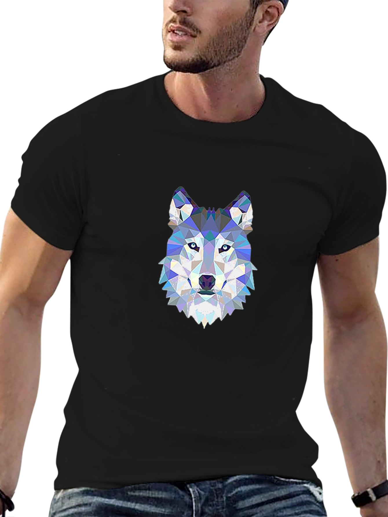 Geometric Wolf Head Print Black T-Shirt