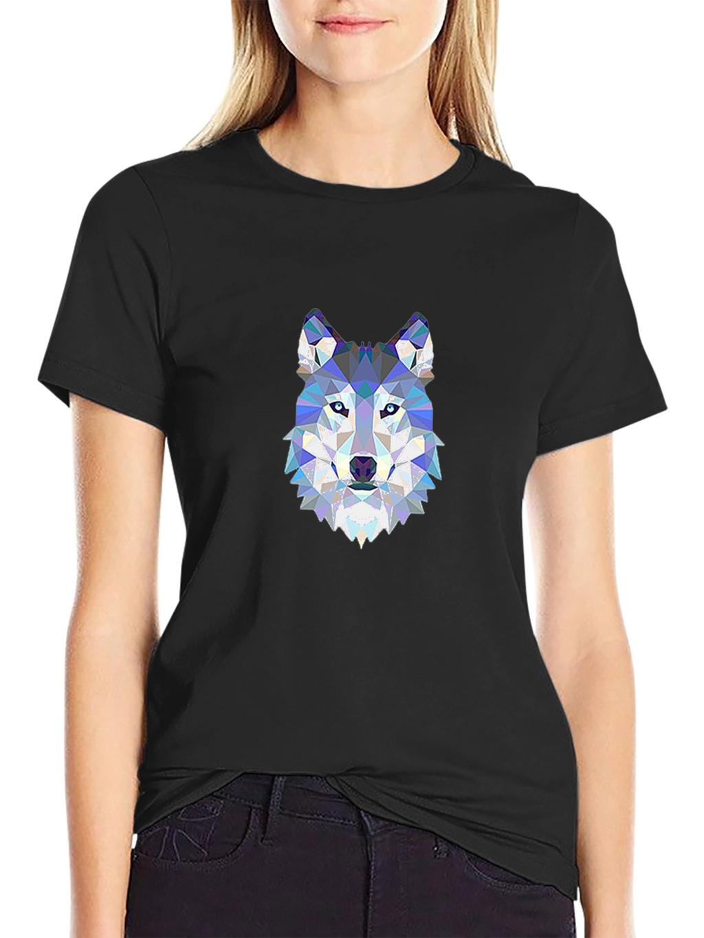 Geometric Wolf Head Print Black T-Shirt