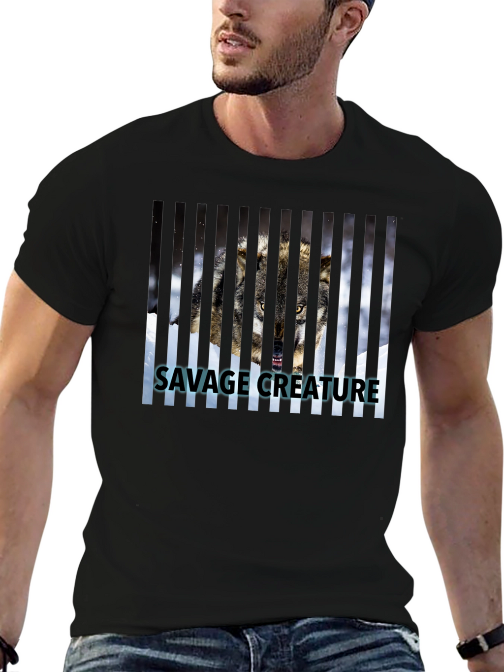 Savage Creature Wolf Graphic Print Black T-Shirt