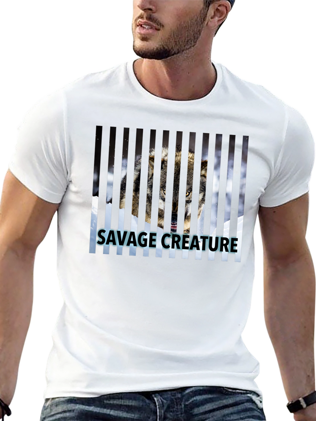 Savage Creature Wolf Graphic Print Black T-Shirt