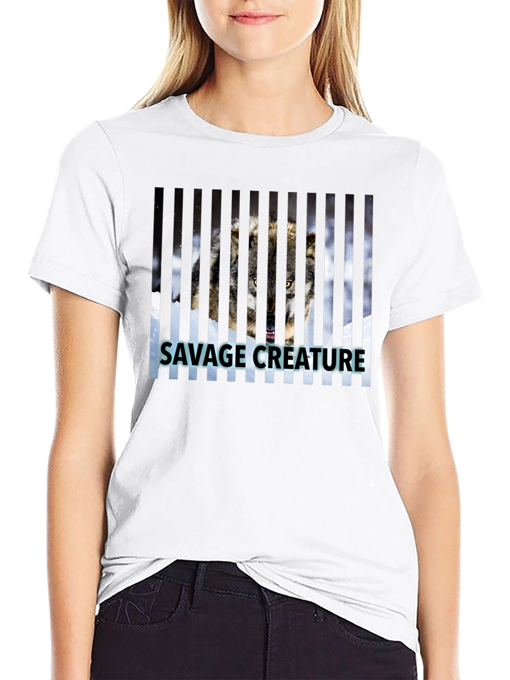 Savage Creature Wolf Graphic Print Black T-Shirt