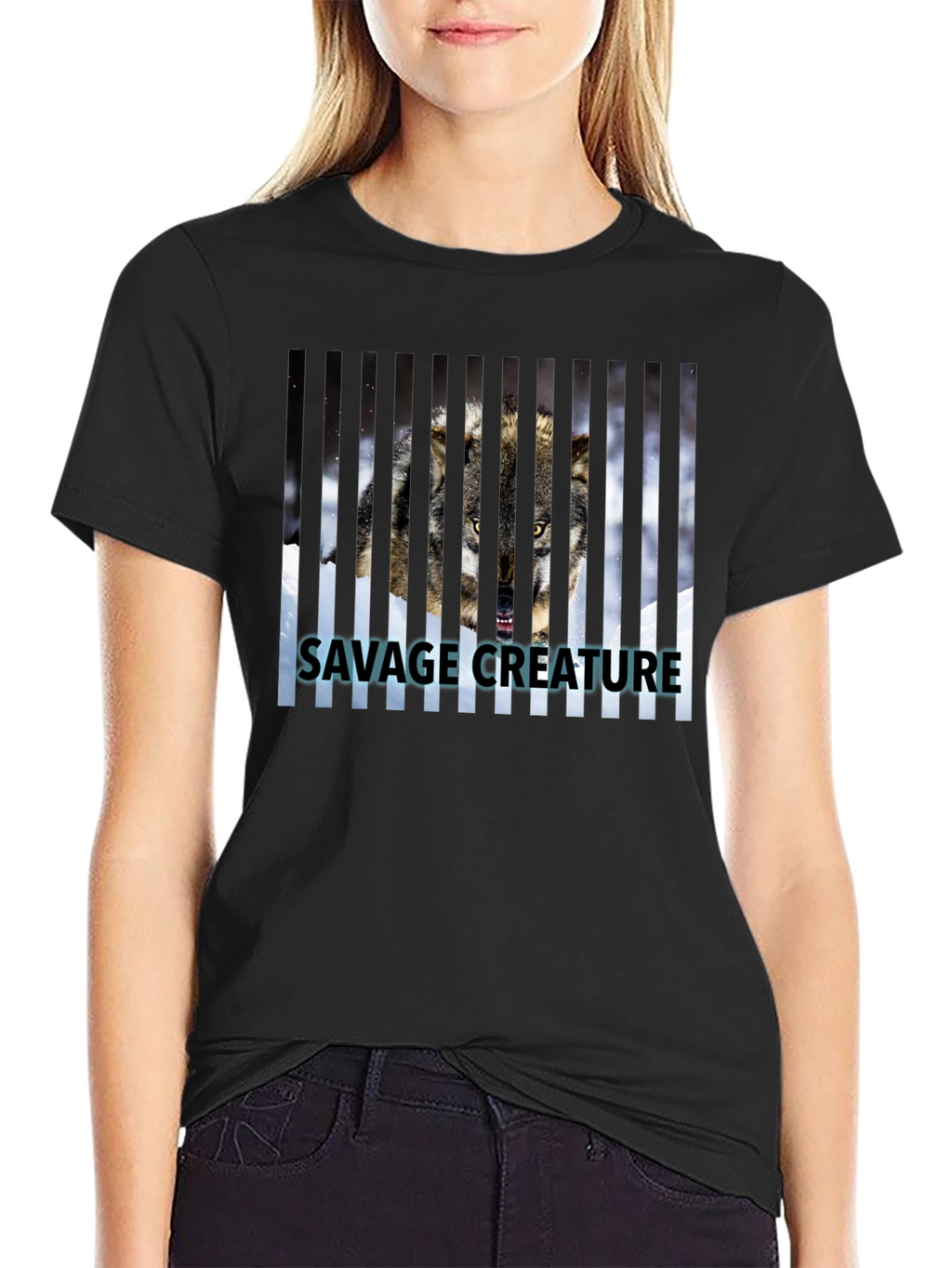 Savage Creature Wolf Graphic Print Black T-Shirt