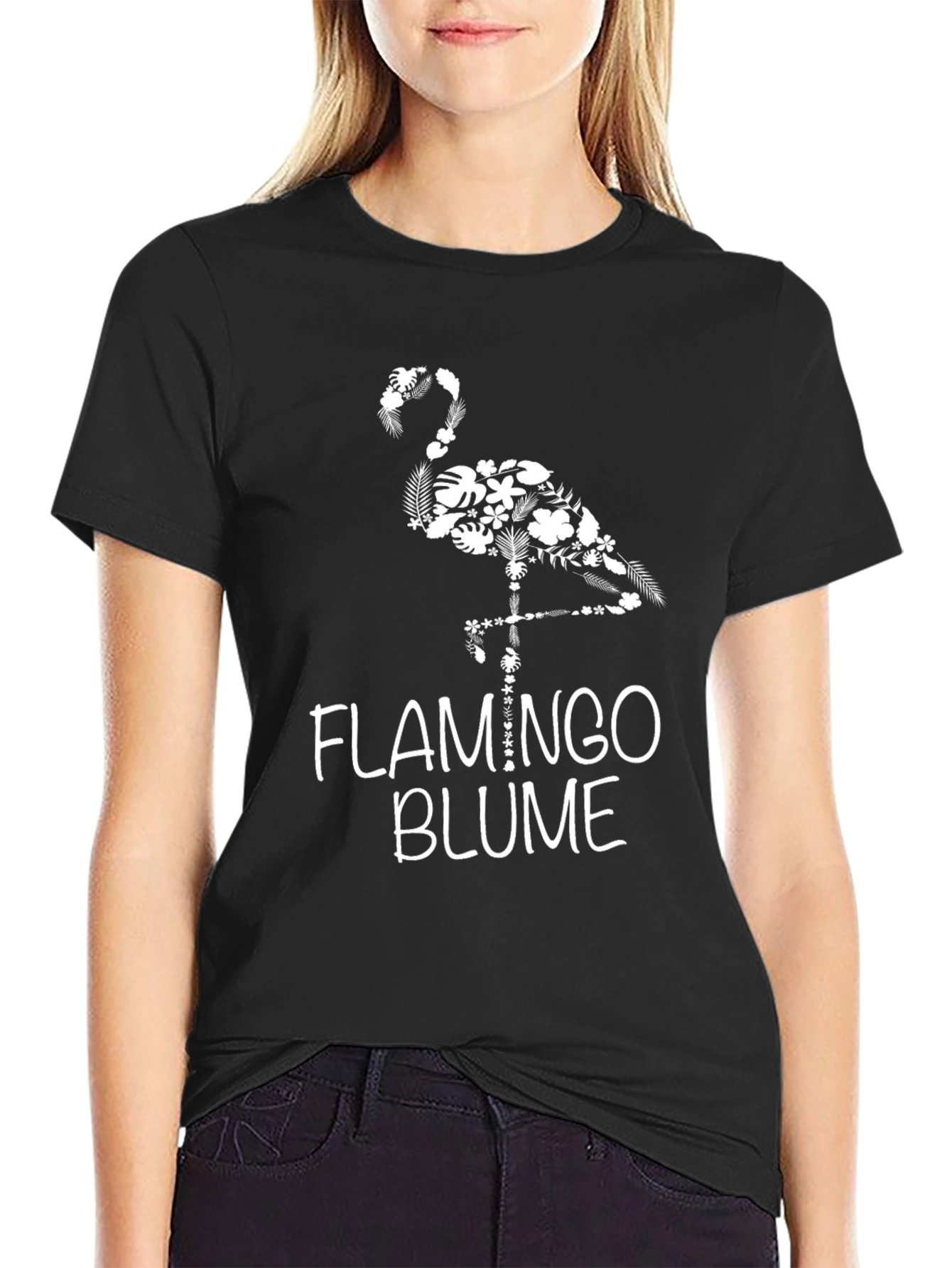 Floral Flamingo Graphic Tee - Black Cotton