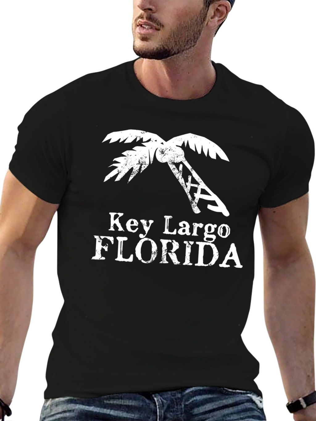 Key Largo Florida Black T-Shirt Palm Tree Distressed