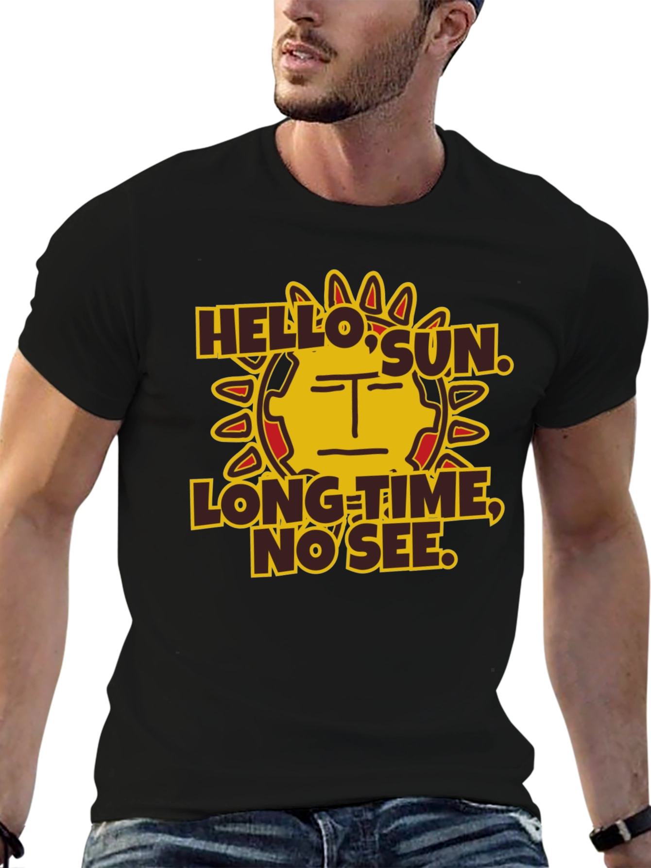 Hello Sun Funny Graphic Tee - Black Cotton T-Shirt