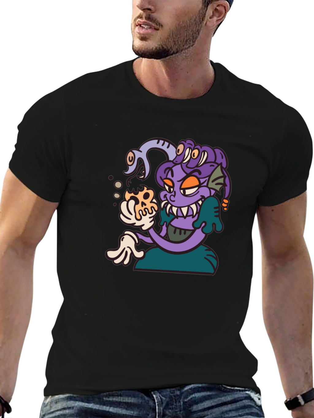 Medusa Cartoon Graphic Tee - Black