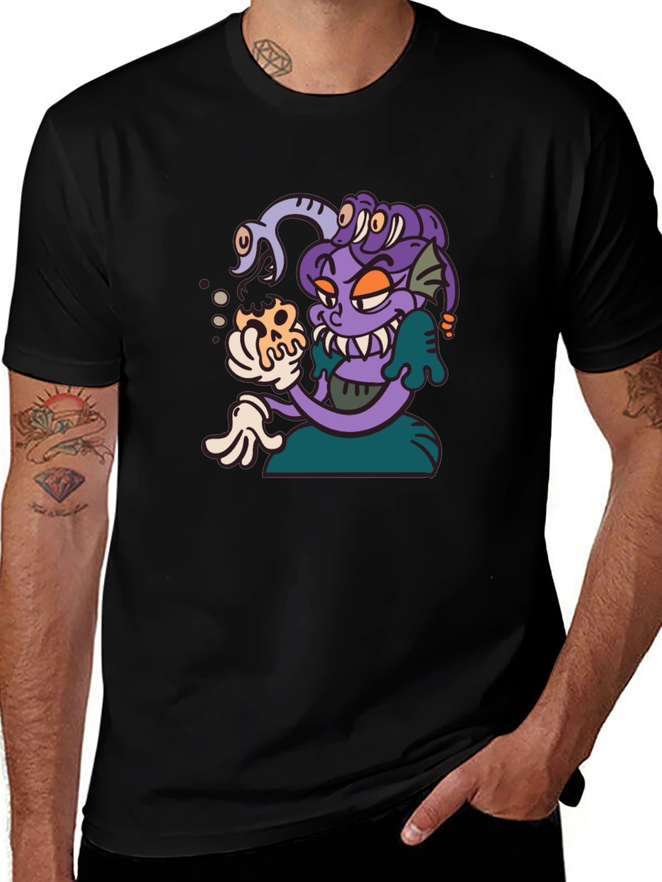 Medusa Cartoon Graphic Tee - Black