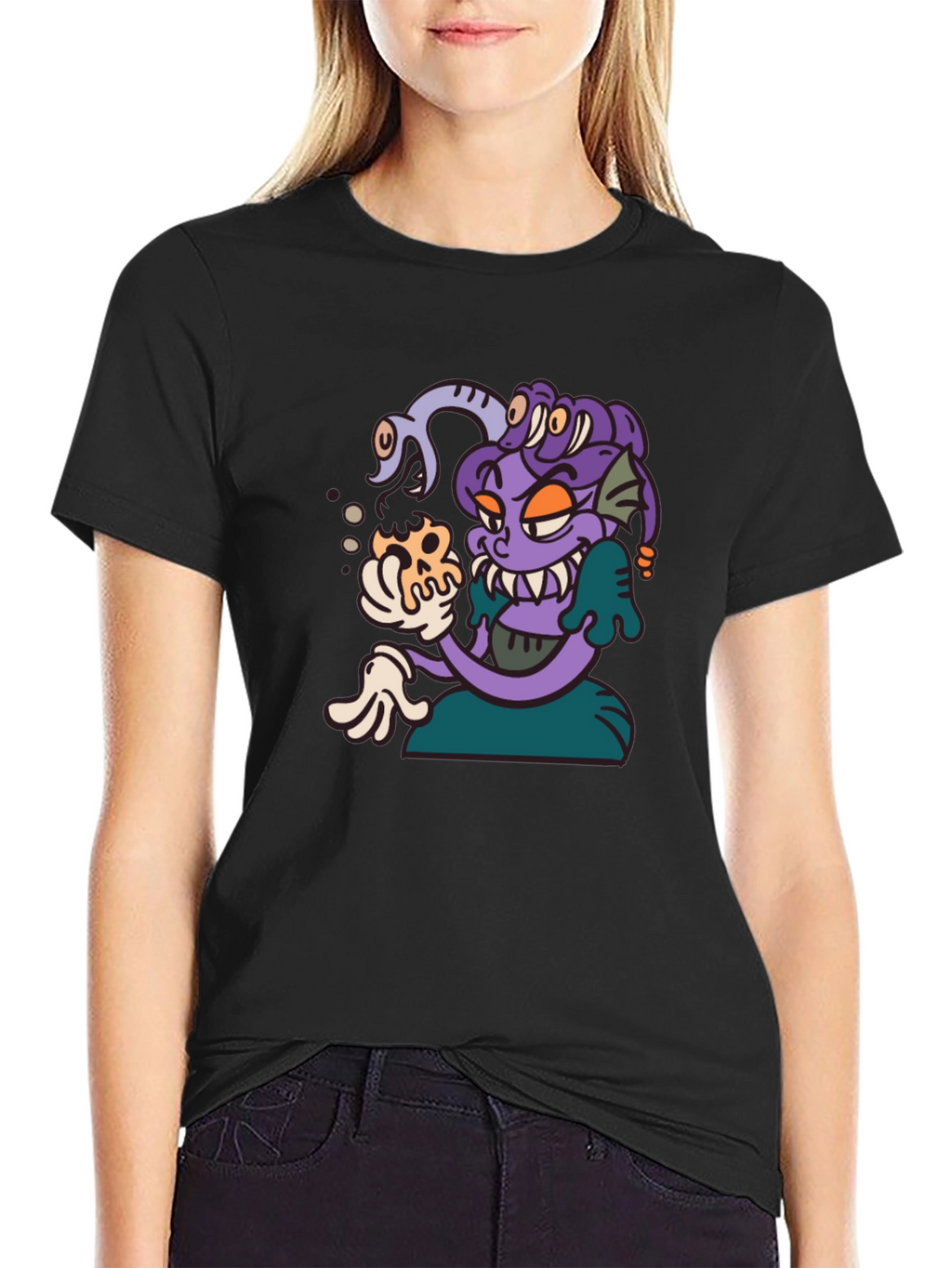 Medusa Cartoon Graphic Tee - Black