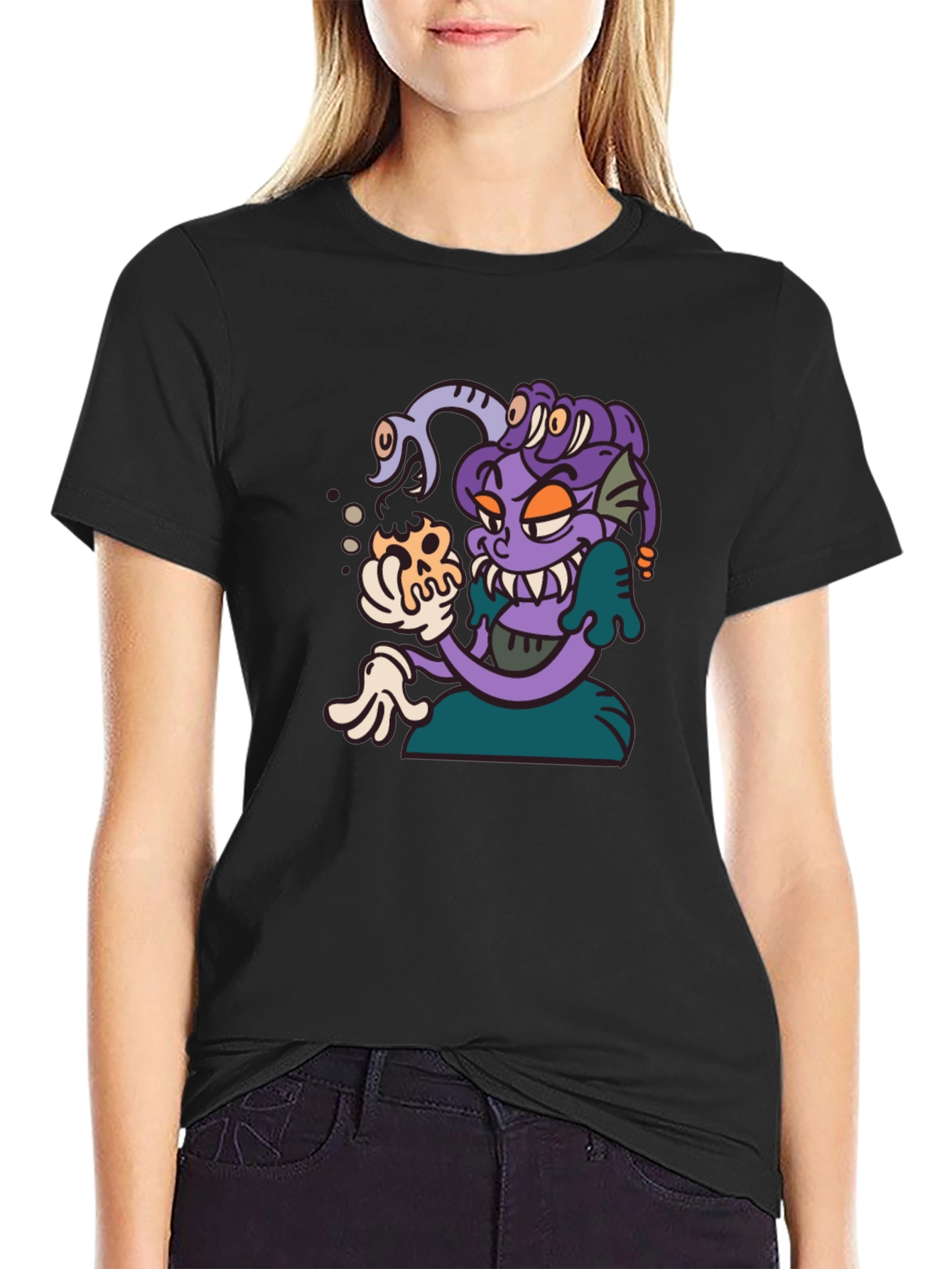 Medusa Cartoon Graphic Tee - Black