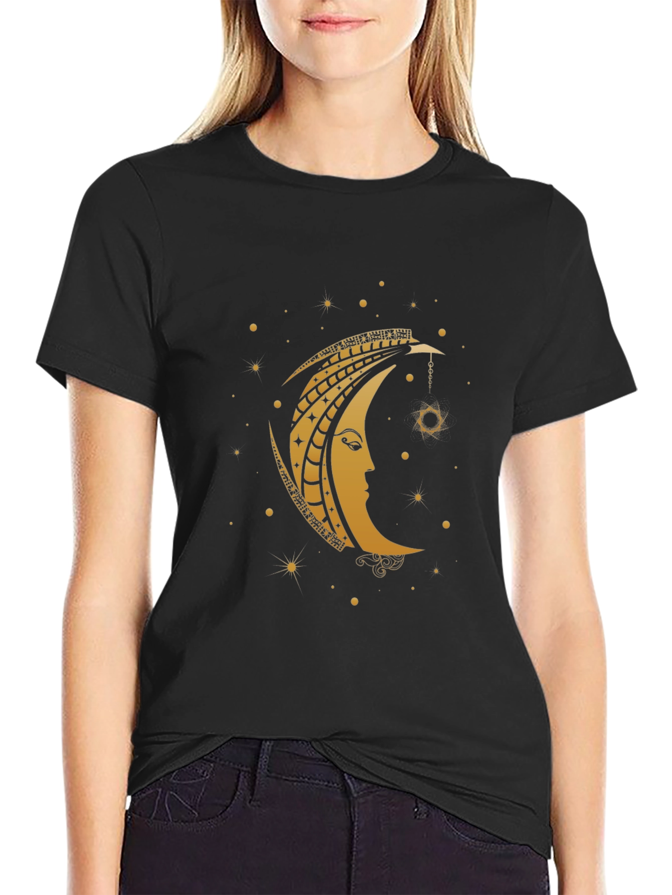 Celestial Moon Graphic Tee - Black Cotton T-Shirt