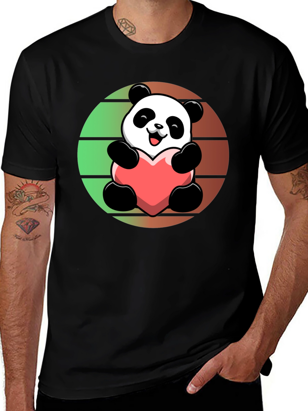 Cute Panda Heart Graphic Black T-Shirt