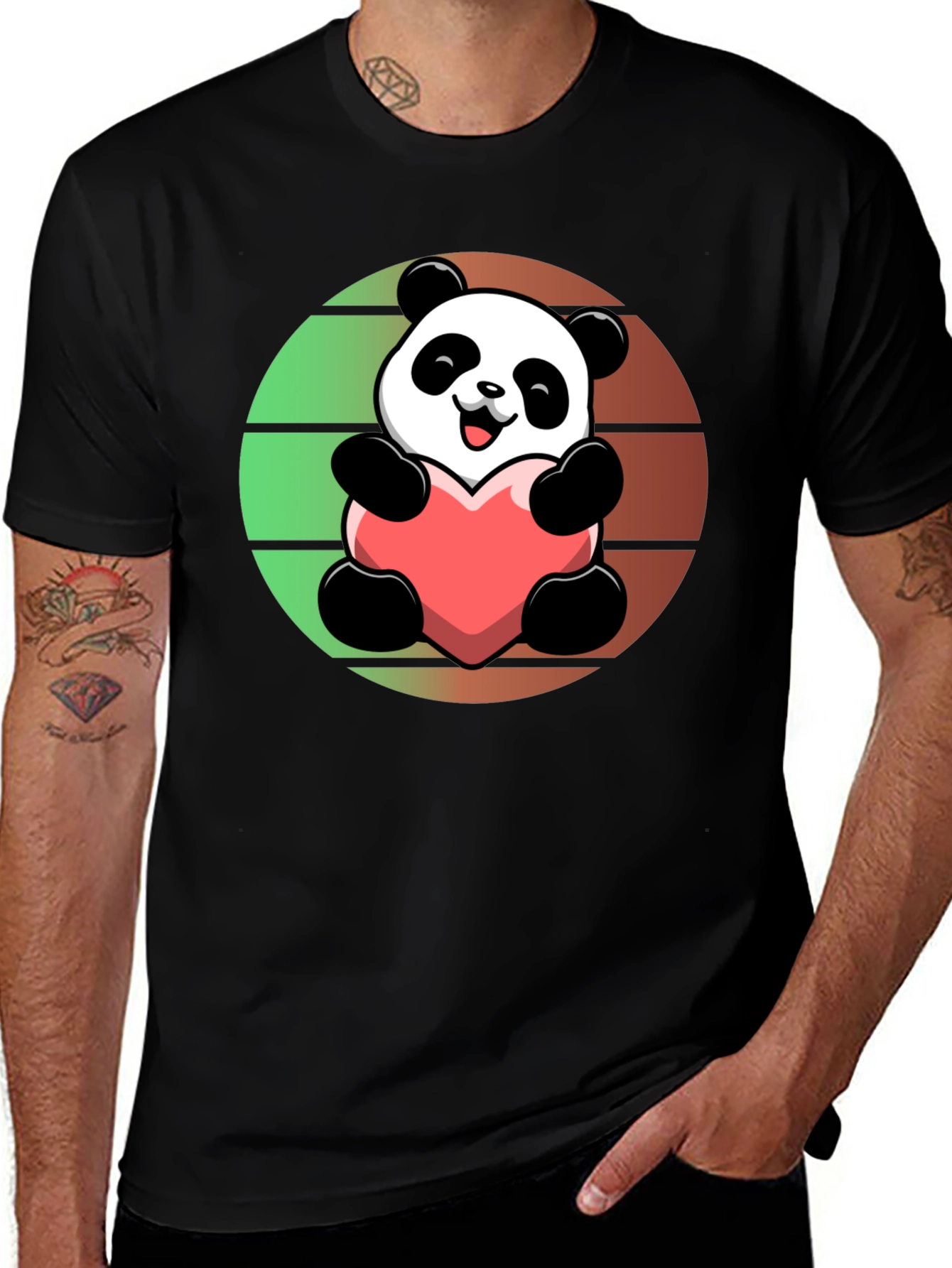 Cute Panda Heart Graphic Black T-Shirt