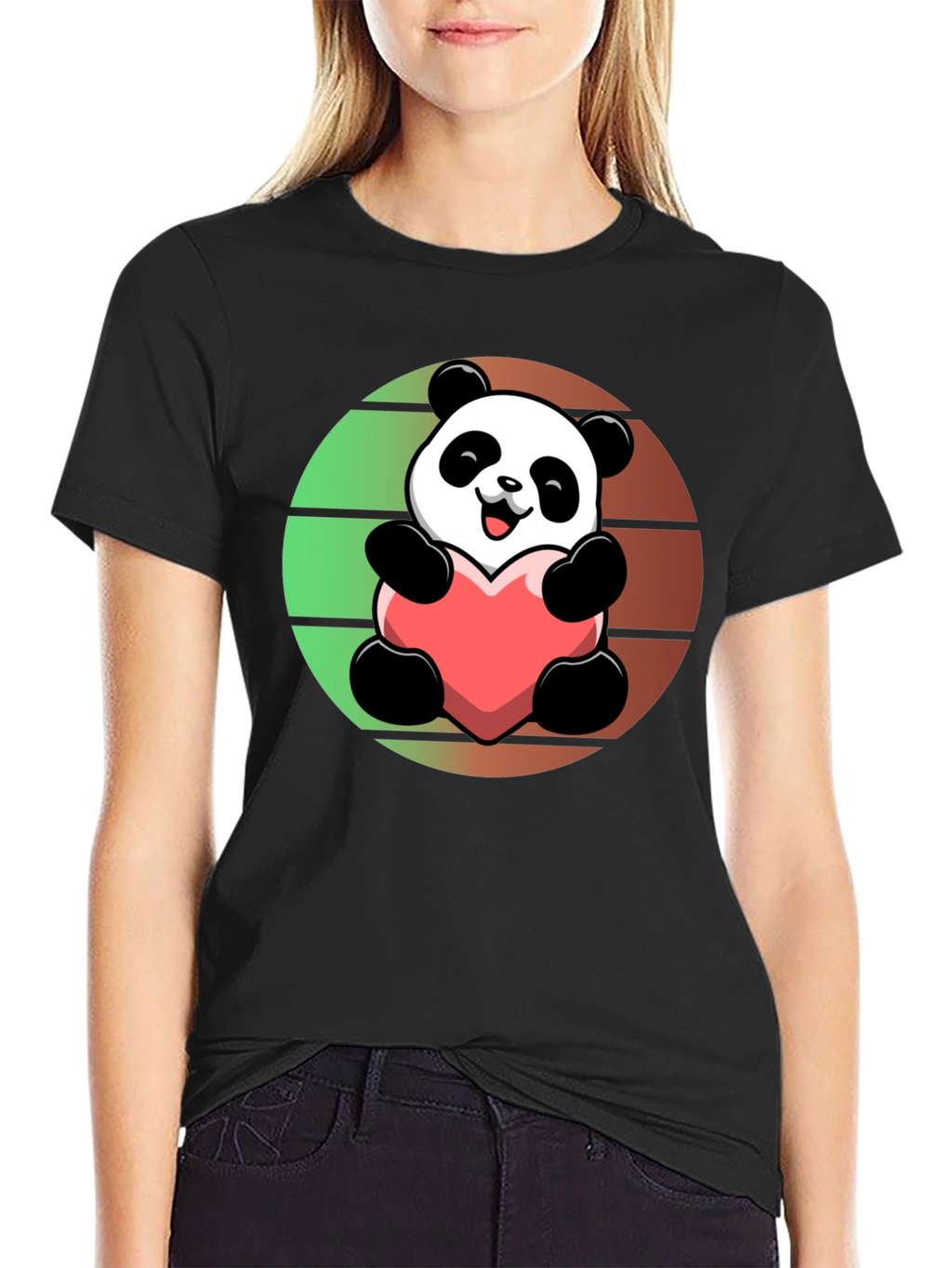 Cute Panda Heart Graphic Black T-Shirt