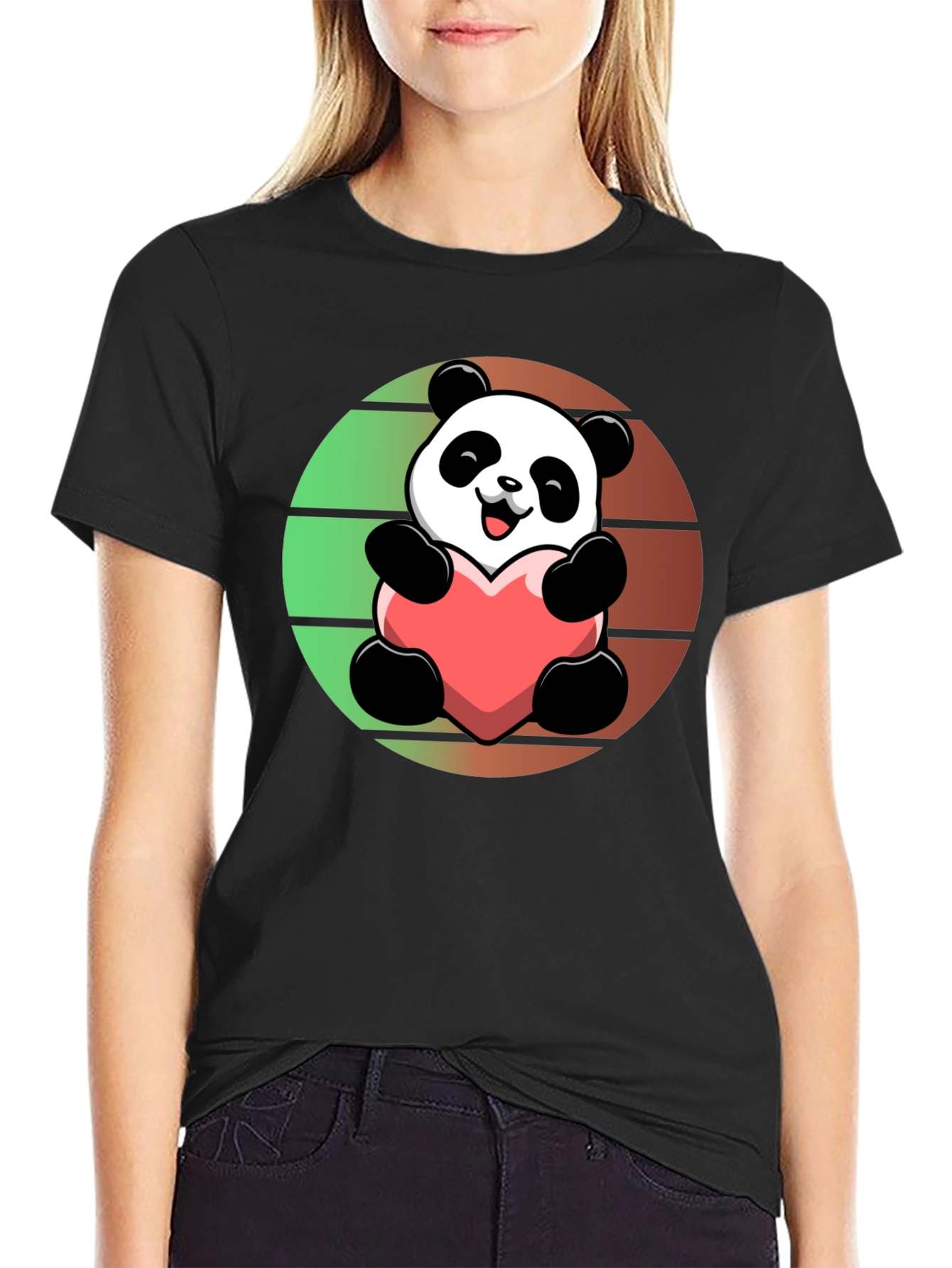 Cute Panda Heart Graphic Black T-Shirt