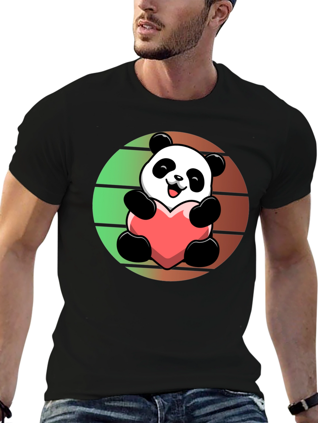 Cute Panda Heart Graphic Black T-Shirt