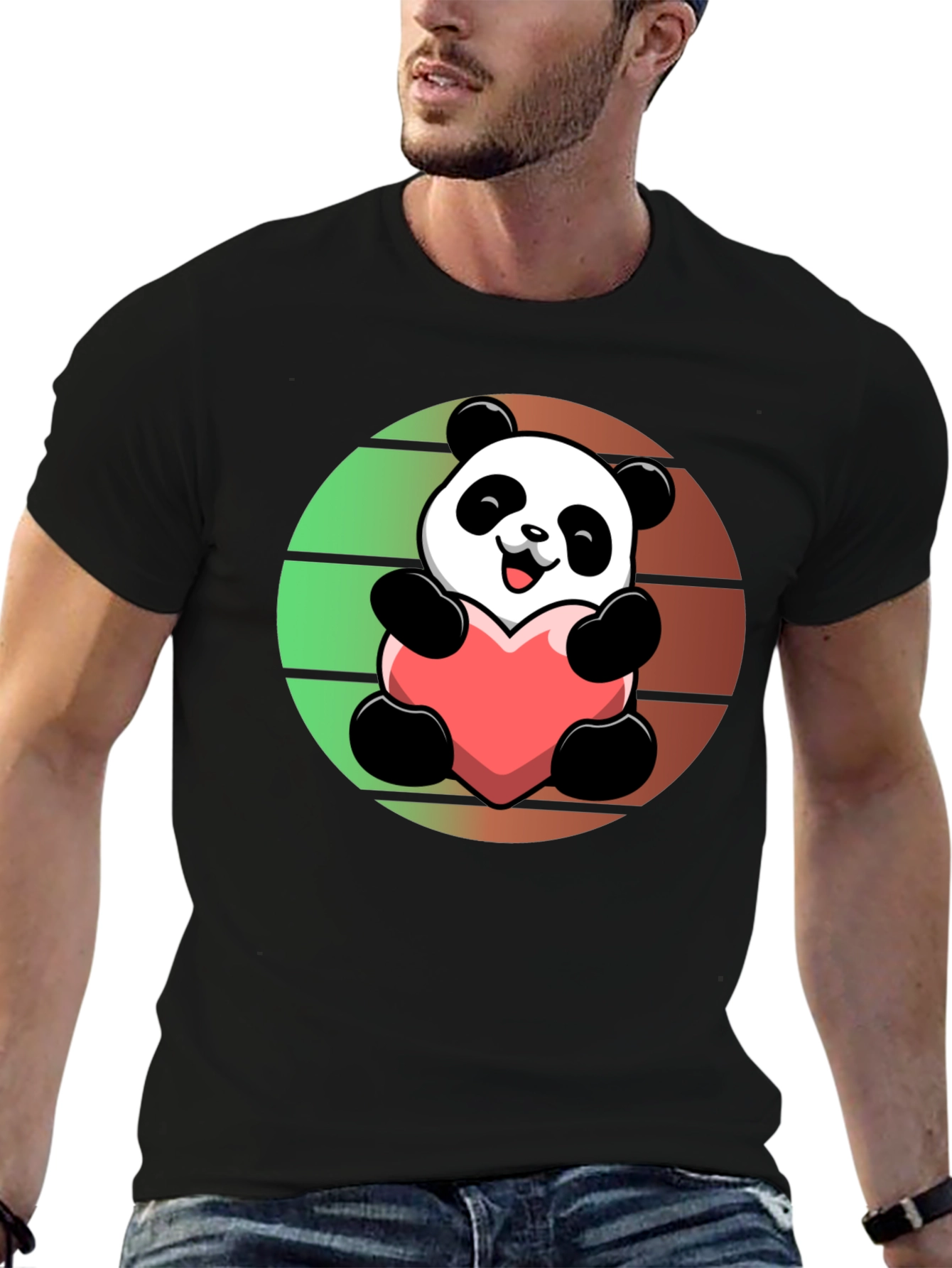 Cute Panda Heart Graphic Black T-Shirt