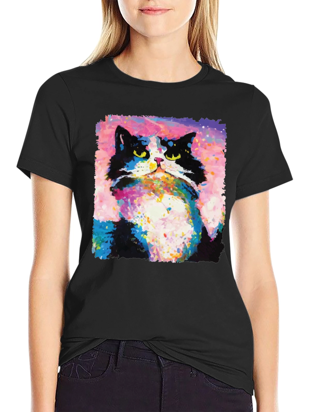 Abstract Cat Graphic Print Crew Neck T-Shirt