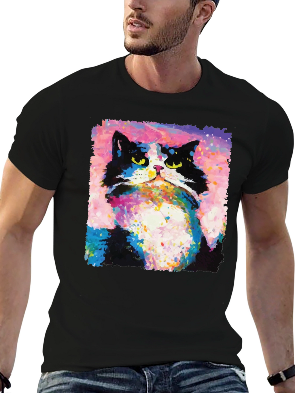 Abstract Cat Graphic Print Crew Neck T-Shirt