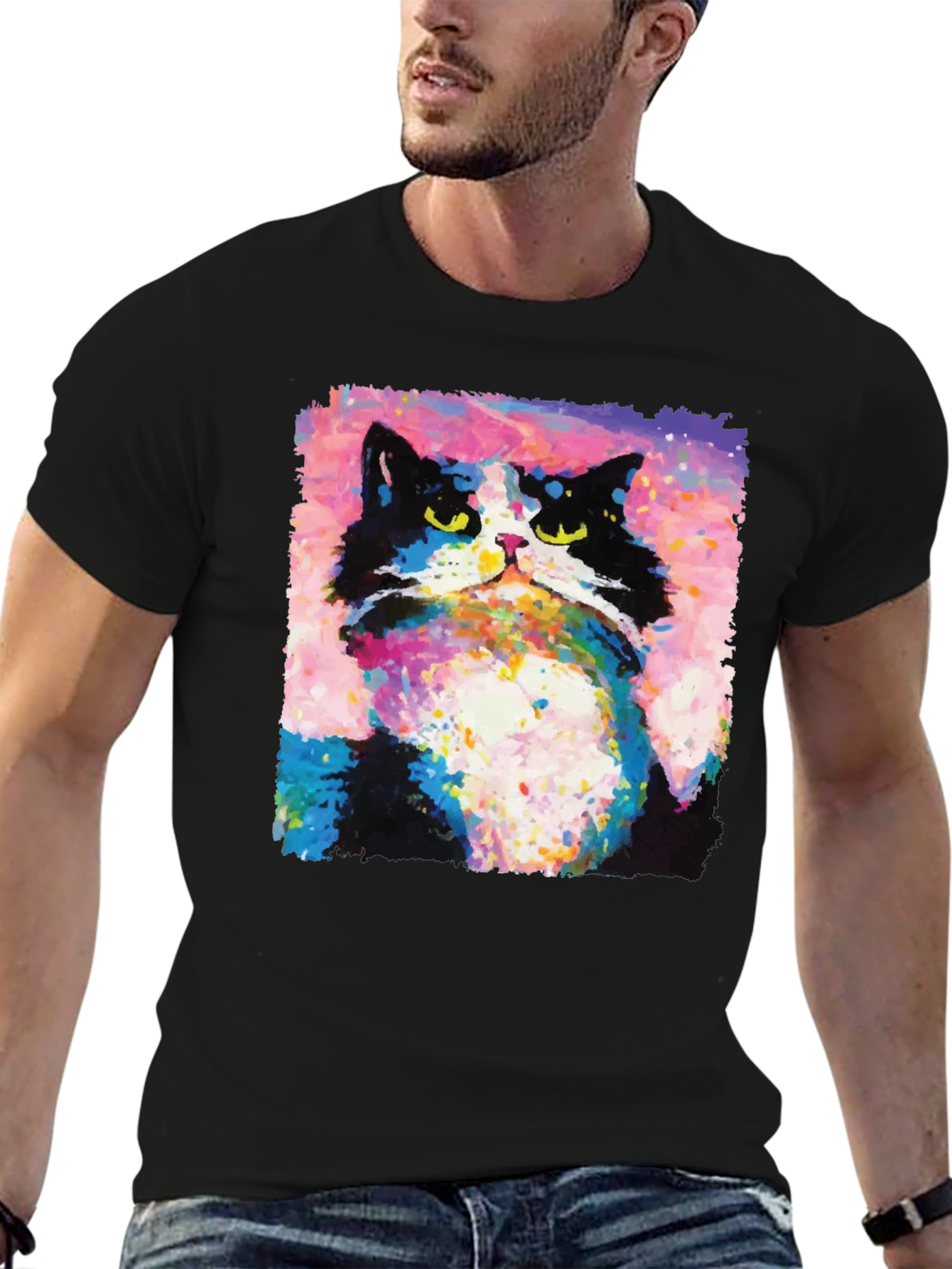 Abstract Cat Graphic Print Crew Neck T-Shirt
