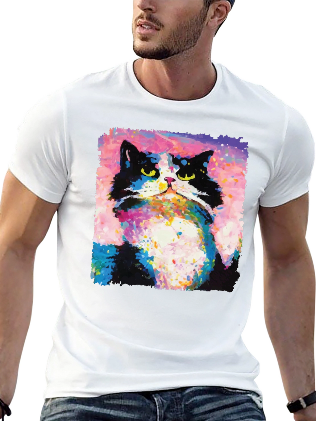 Abstract Cat Graphic Print Crew Neck T-Shirt