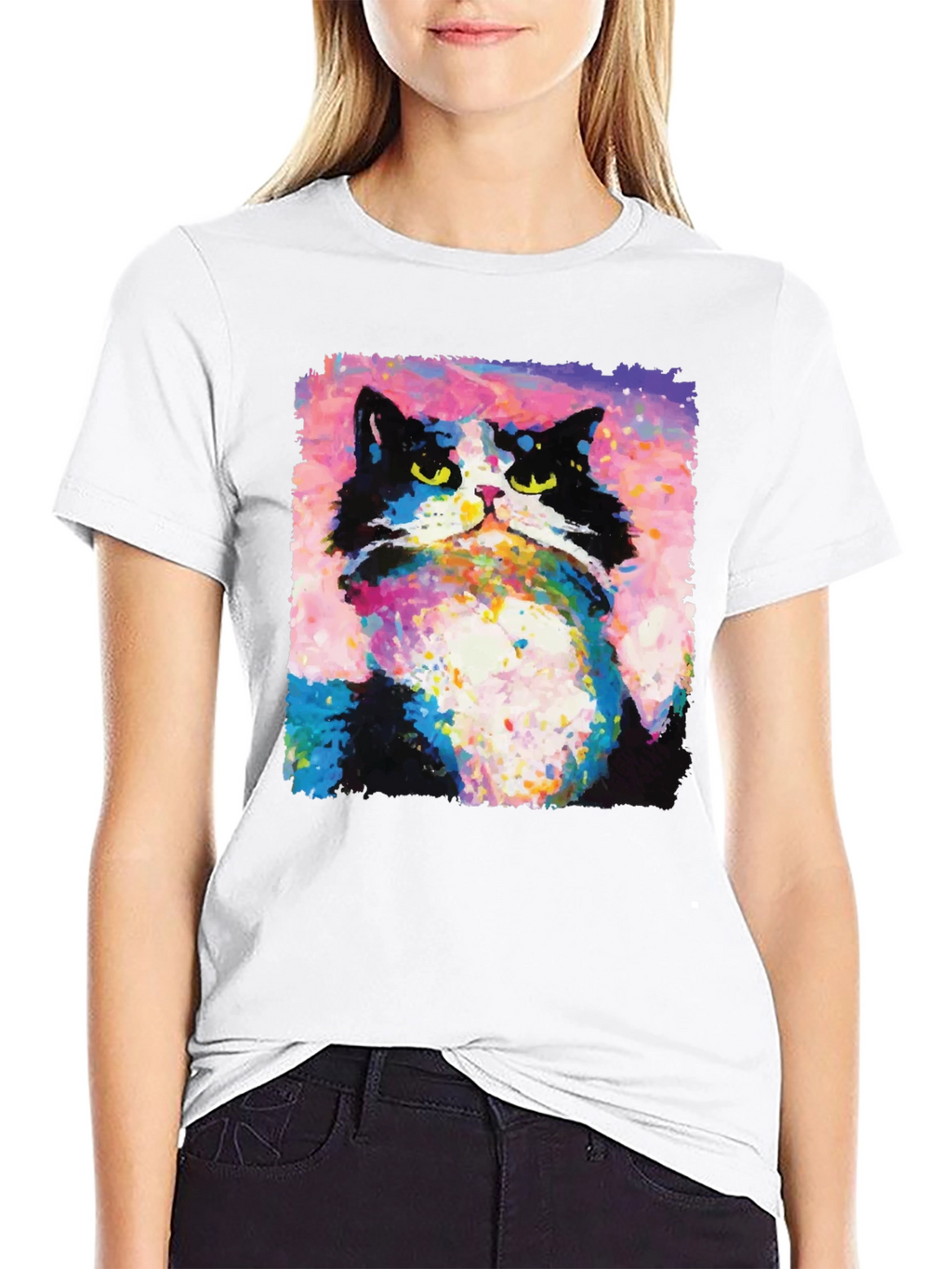 Abstract Cat Graphic Print Crew Neck T-Shirt
