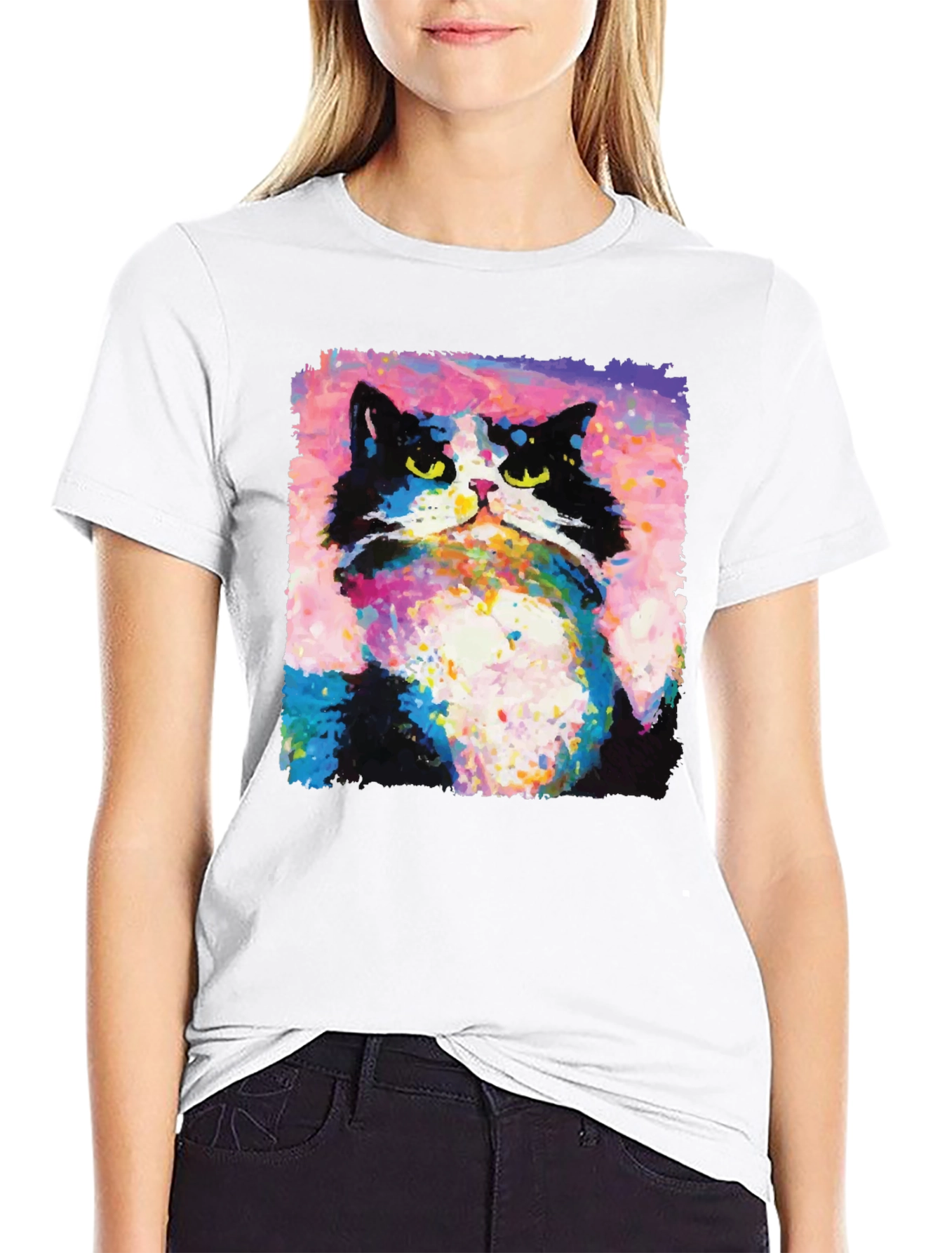 Abstract Cat Graphic Print Crew Neck T-Shirt