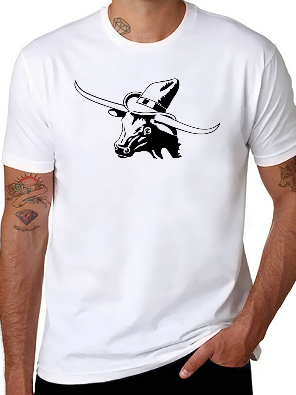 Longhorn Bull in Hat Graphic Black T-Shirt