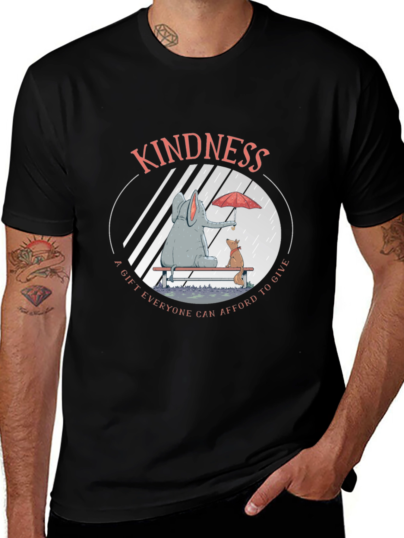 Kindness Graphic Tee: Elephant and Dog in Rain