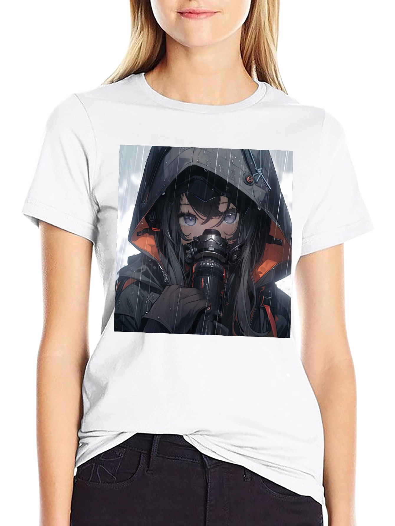 Anime Girl Gas Mask Graphic Tee - Black