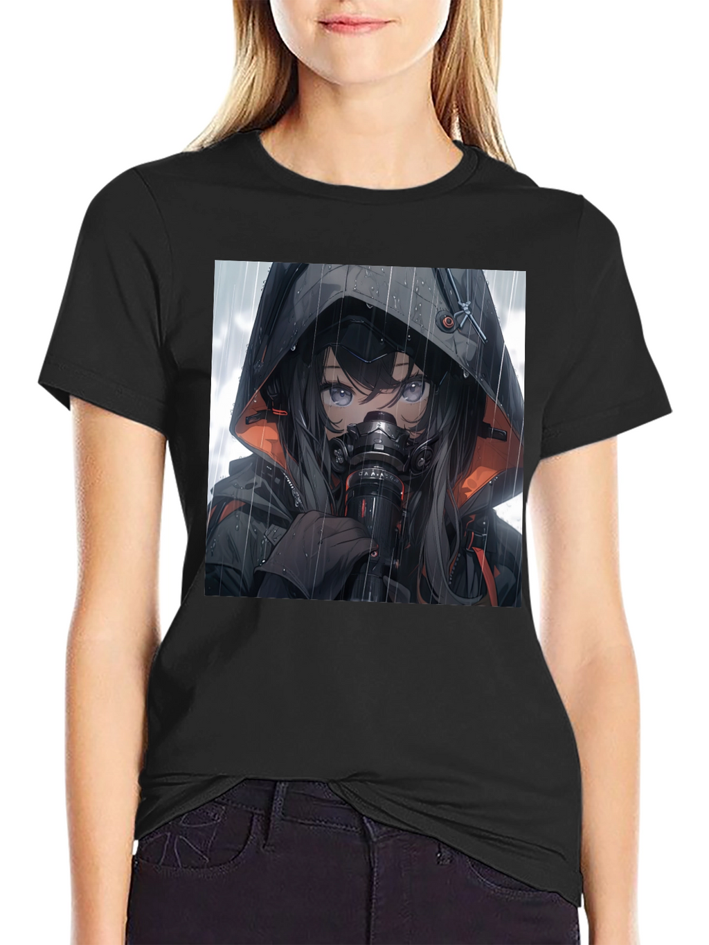 Anime Girl Gas Mask Graphic Tee - Black