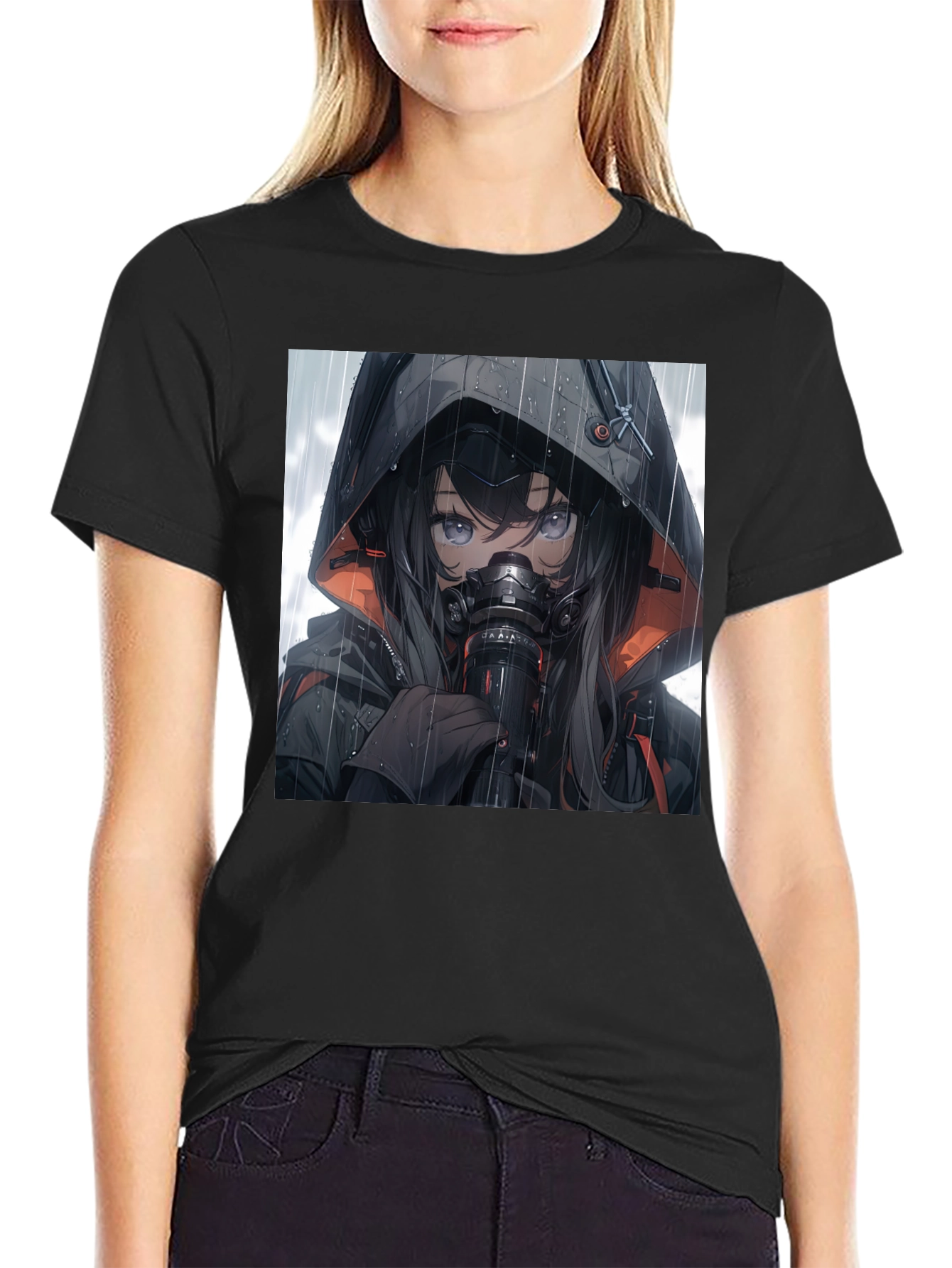 Anime Girl Gas Mask Graphic Tee - Black