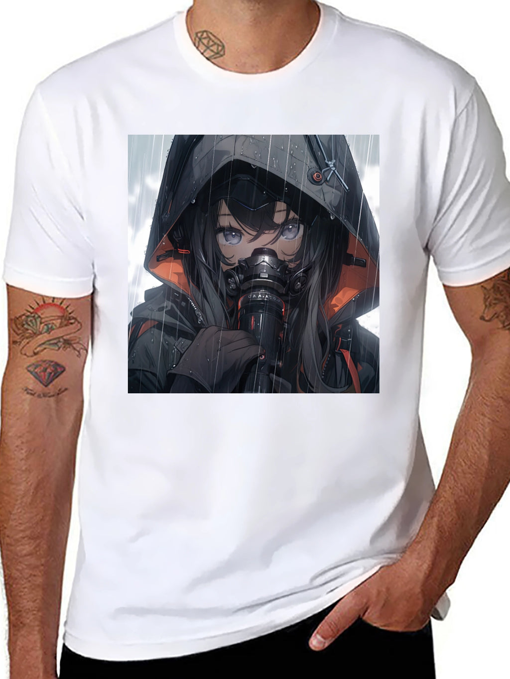 Anime Girl Gas Mask Graphic Tee - Black