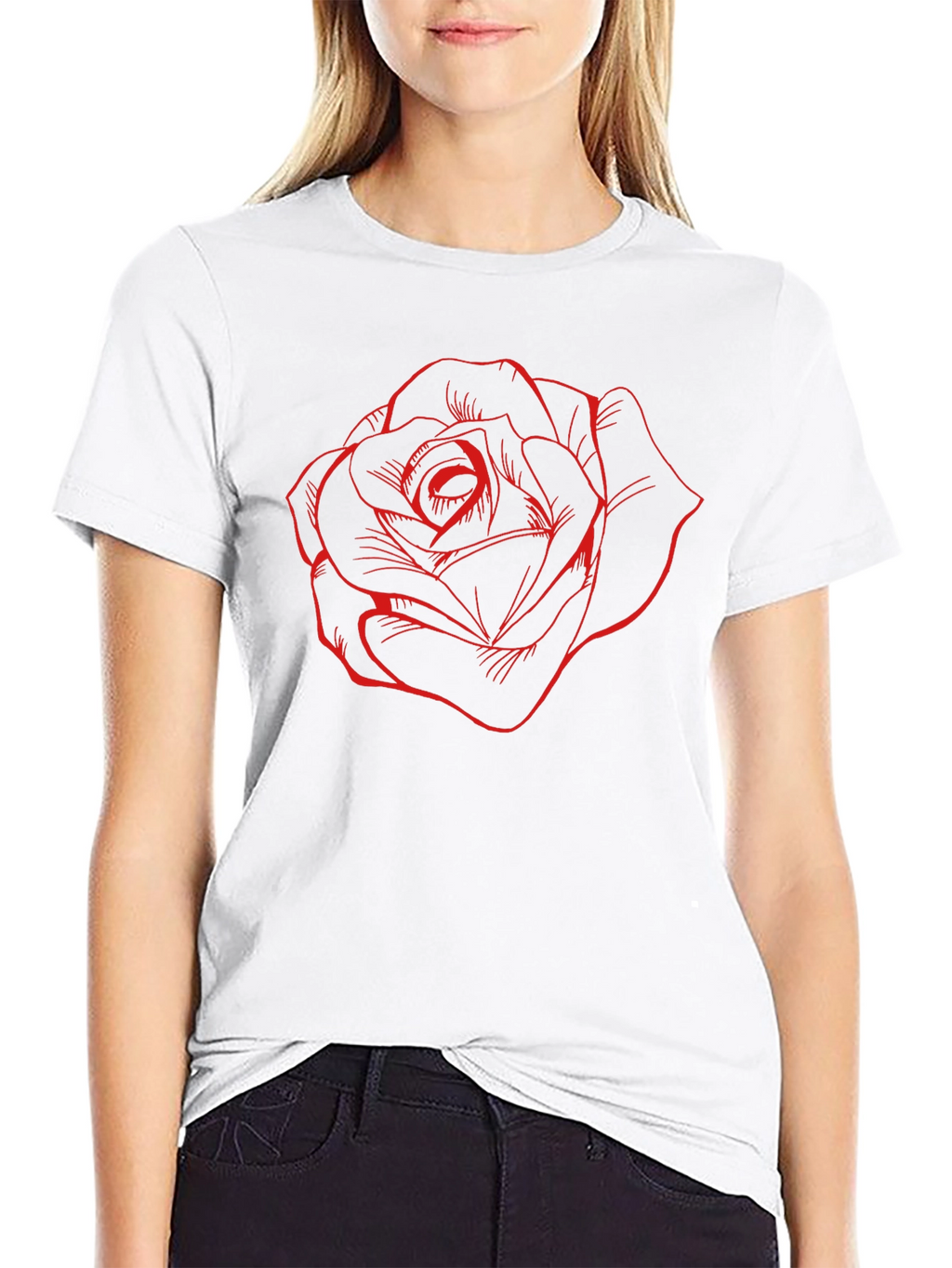 Black T-Shirt with Red Rose Design