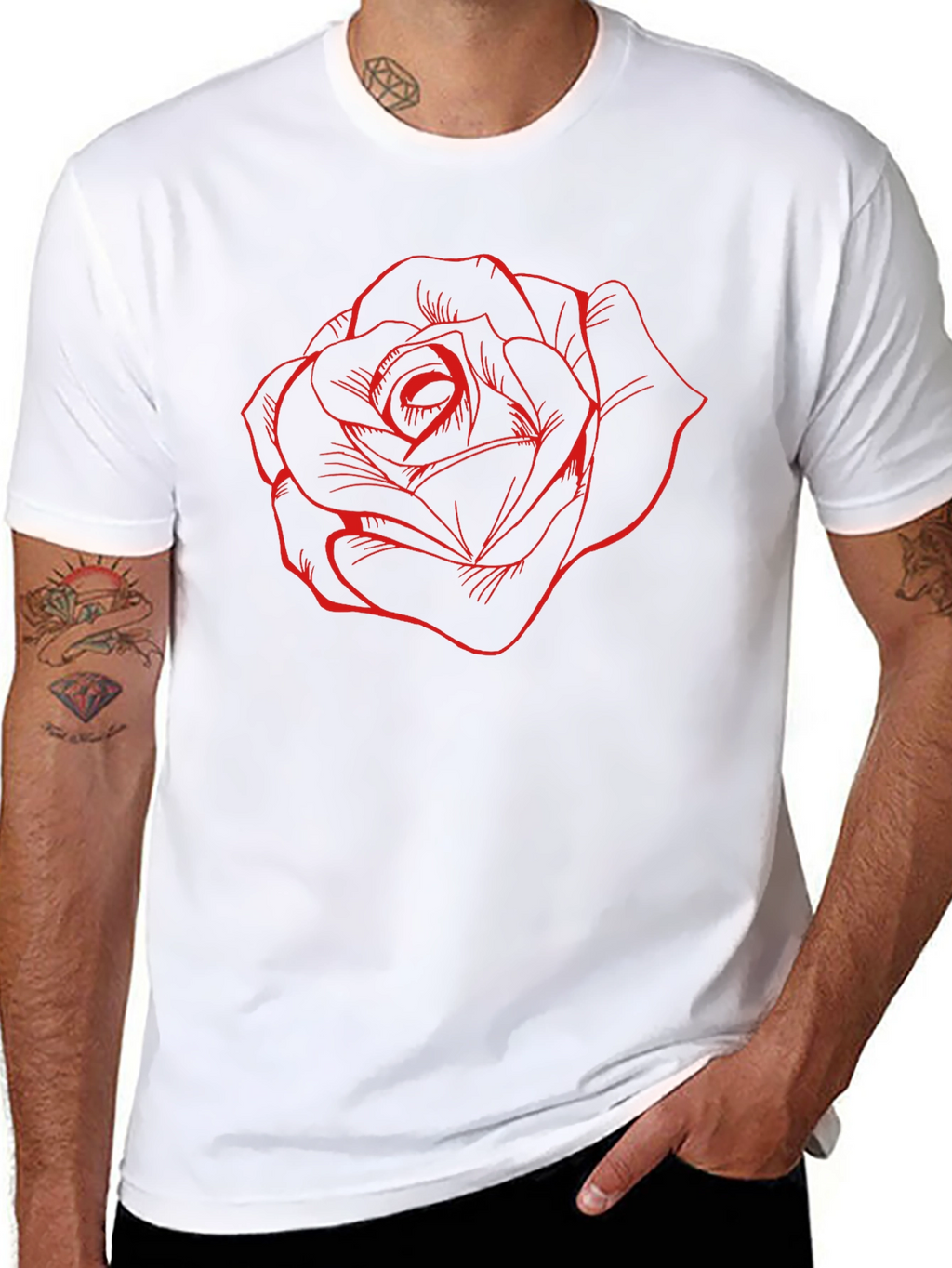 Black T-Shirt with Red Rose Design