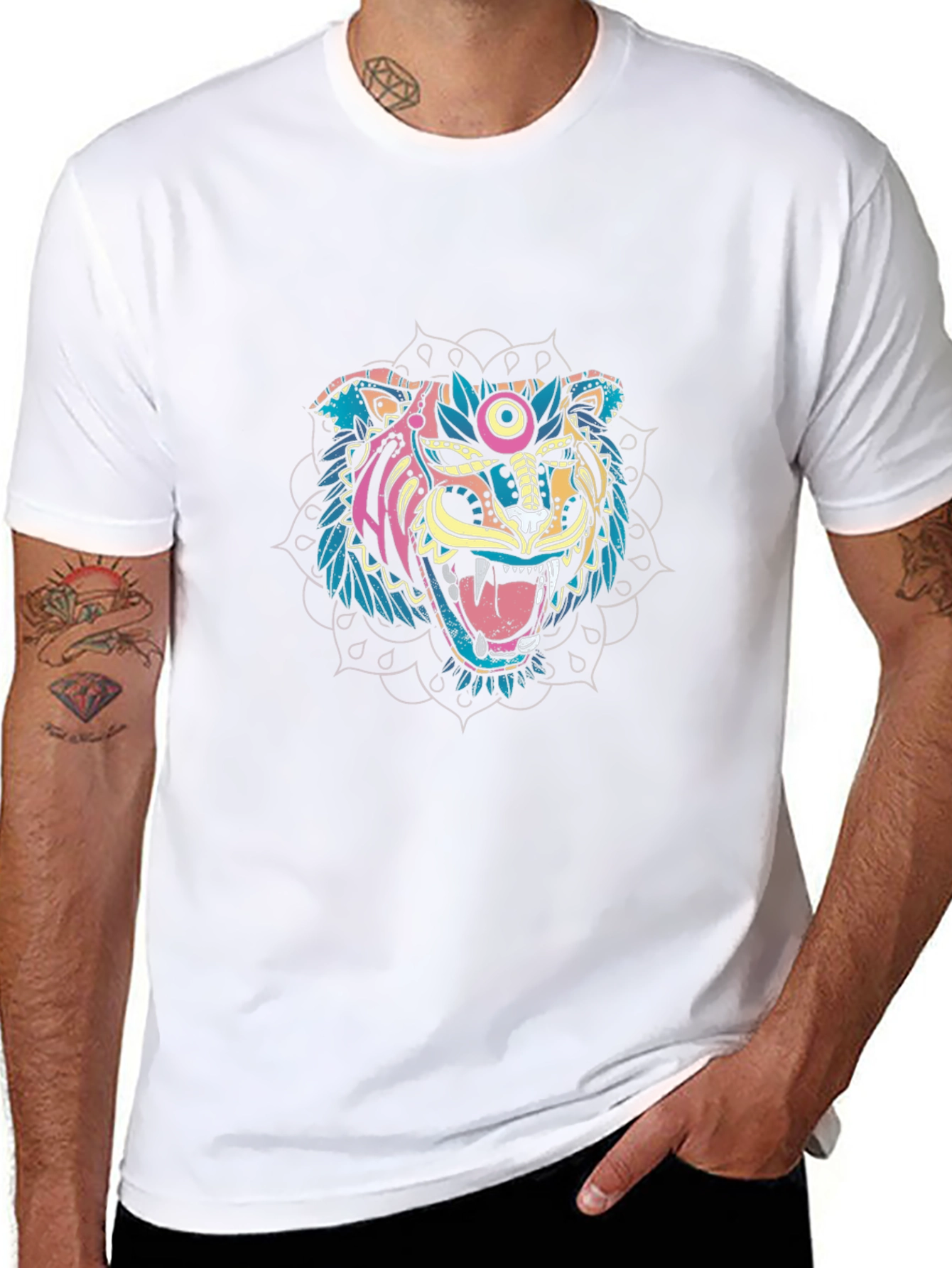 Colorful Tiger Graphic Print Black T-Shirt