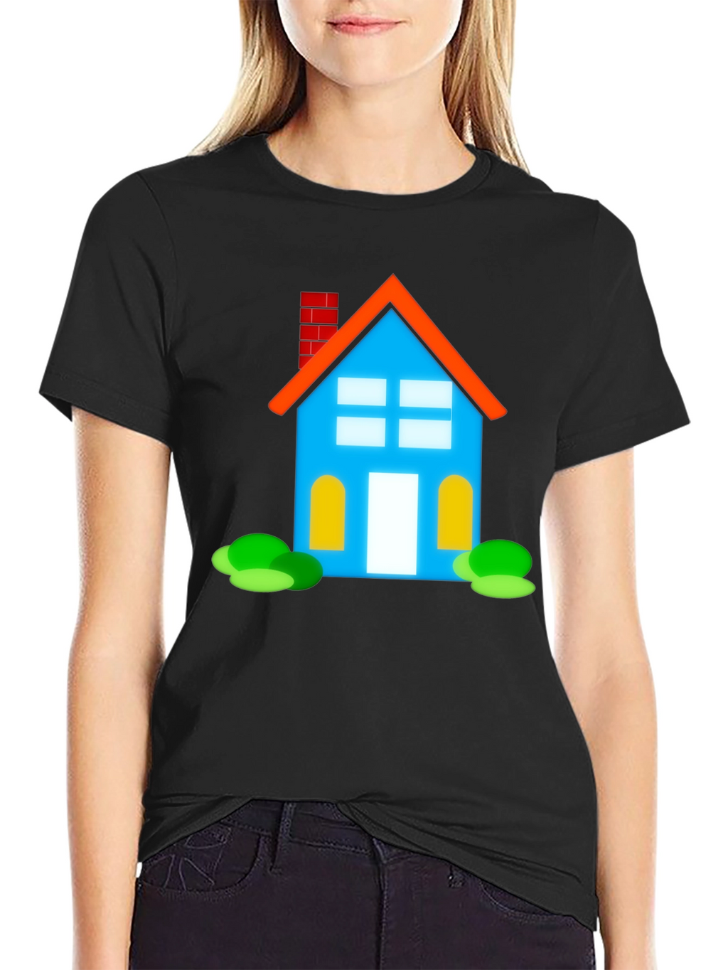 Cartoon House Graphic Tee - Black Cotton Casual Shirt