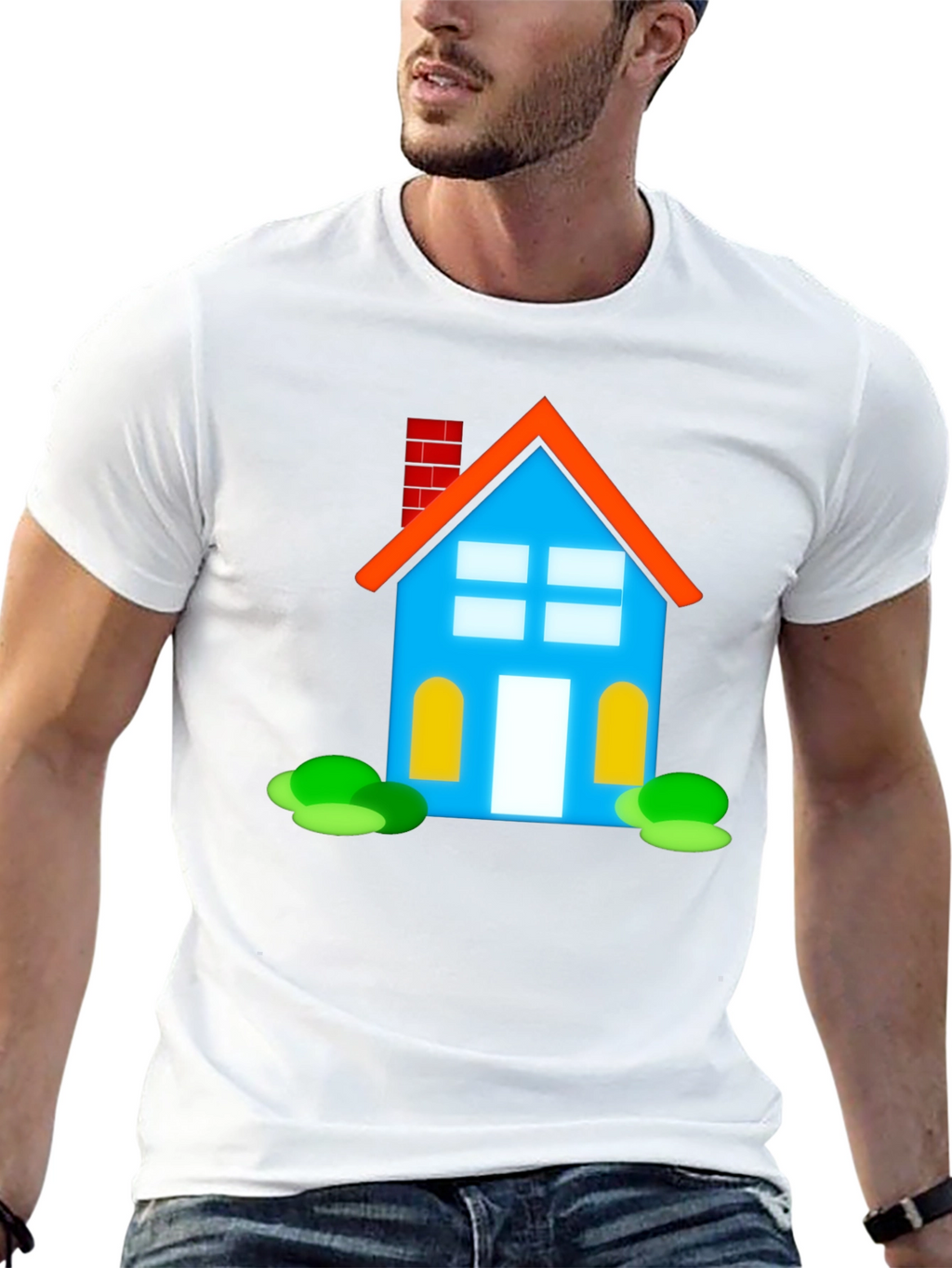 Cartoon House Graphic Tee - Black Cotton Casual Shirt