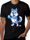 Cartoon Wolf Graphic Tee - Blue & White Design