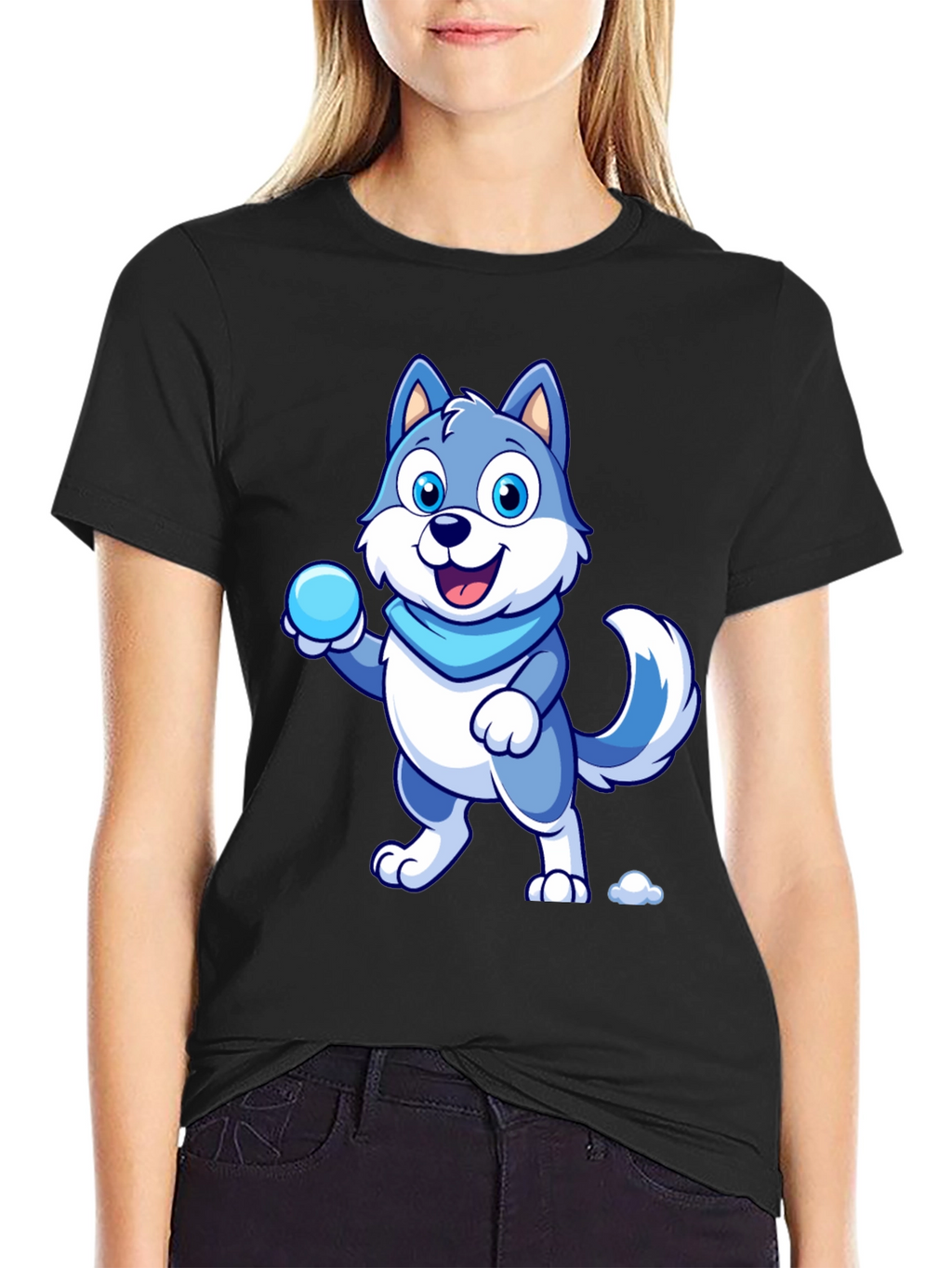 Cartoon Wolf Graphic Tee - Blue & White Design