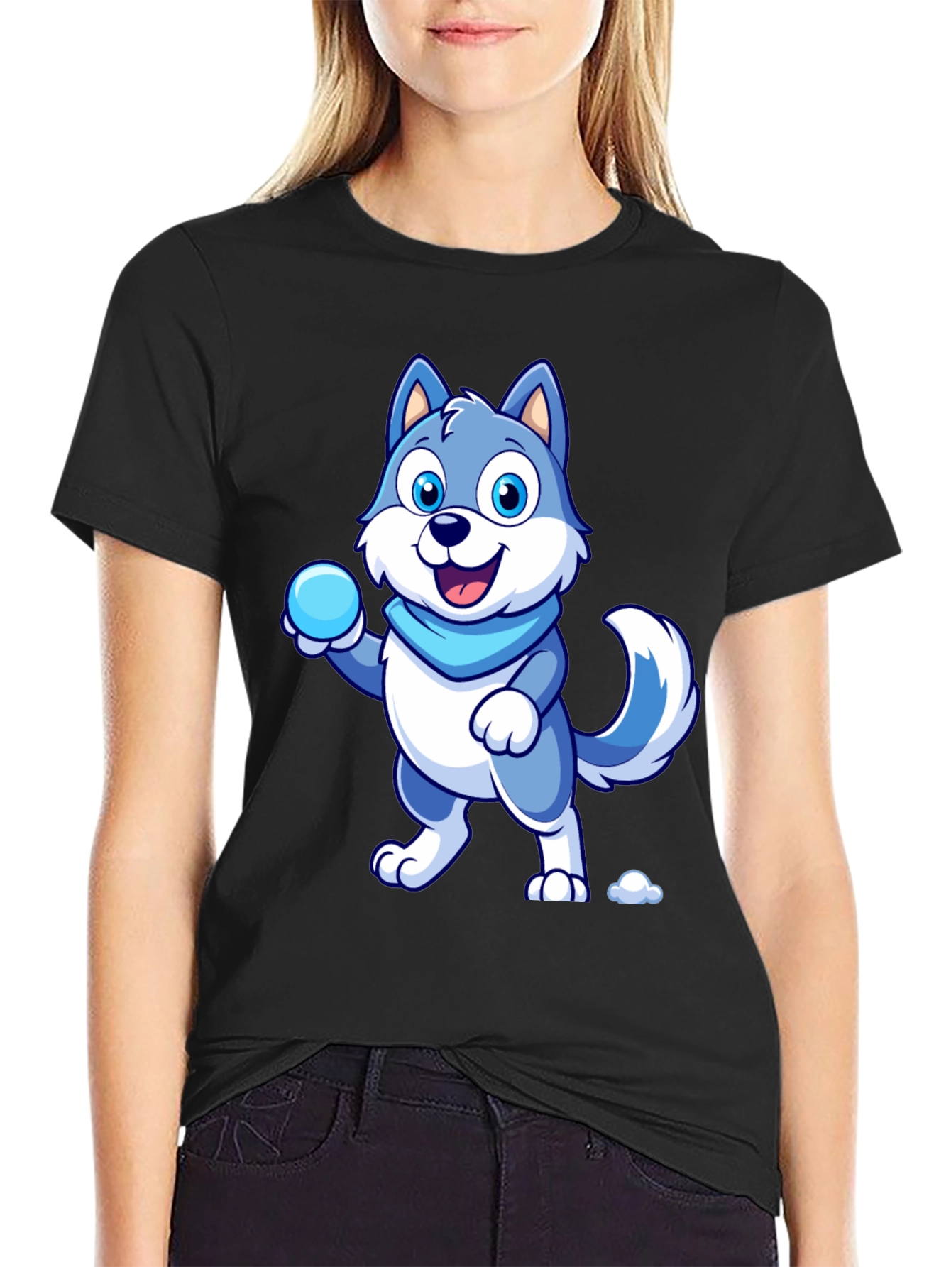 Cartoon Wolf Graphic Tee - Blue & White Design