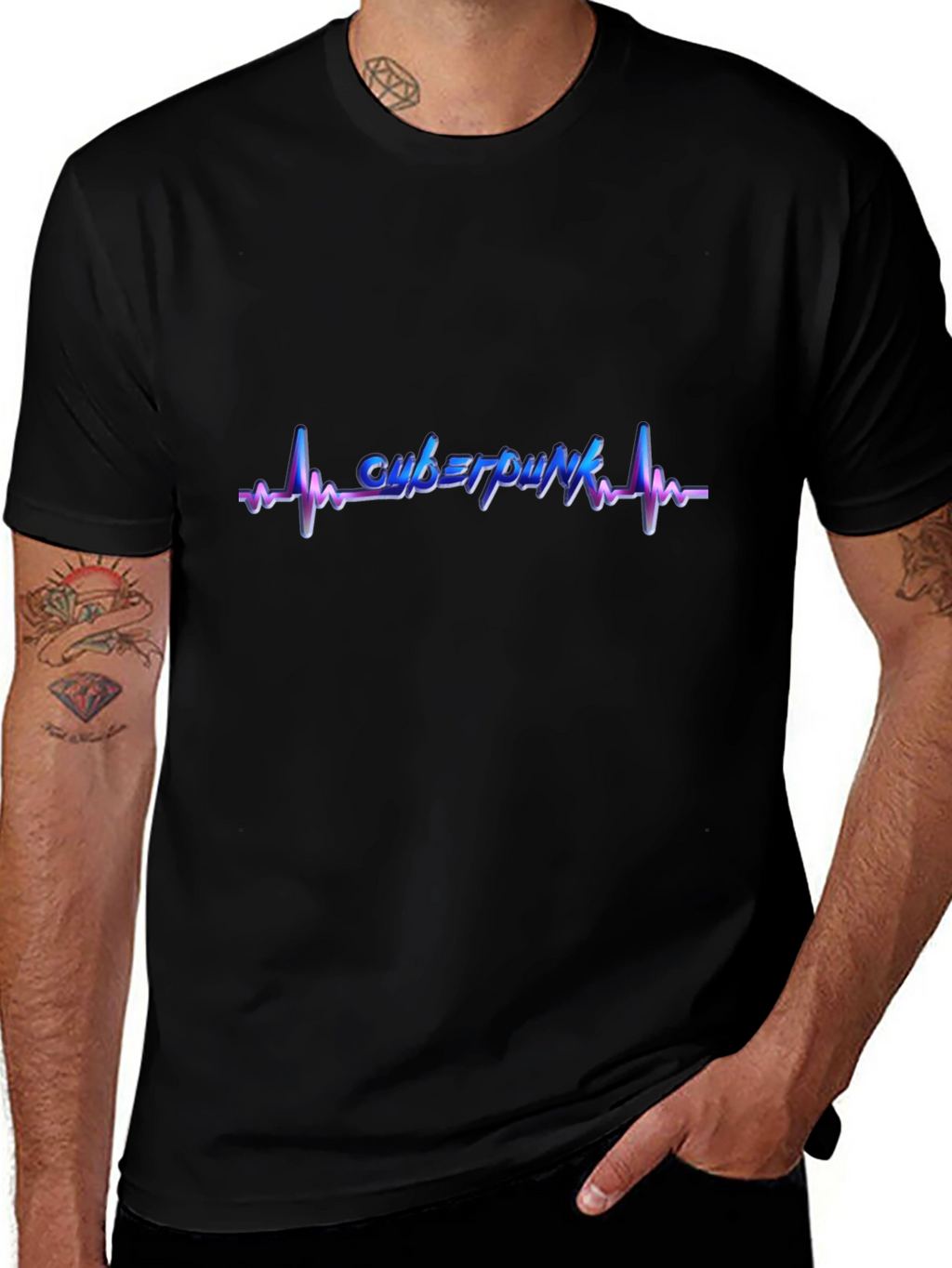 Cyberpunk Heartbeat Graphic Tee - Black Cotton Blend