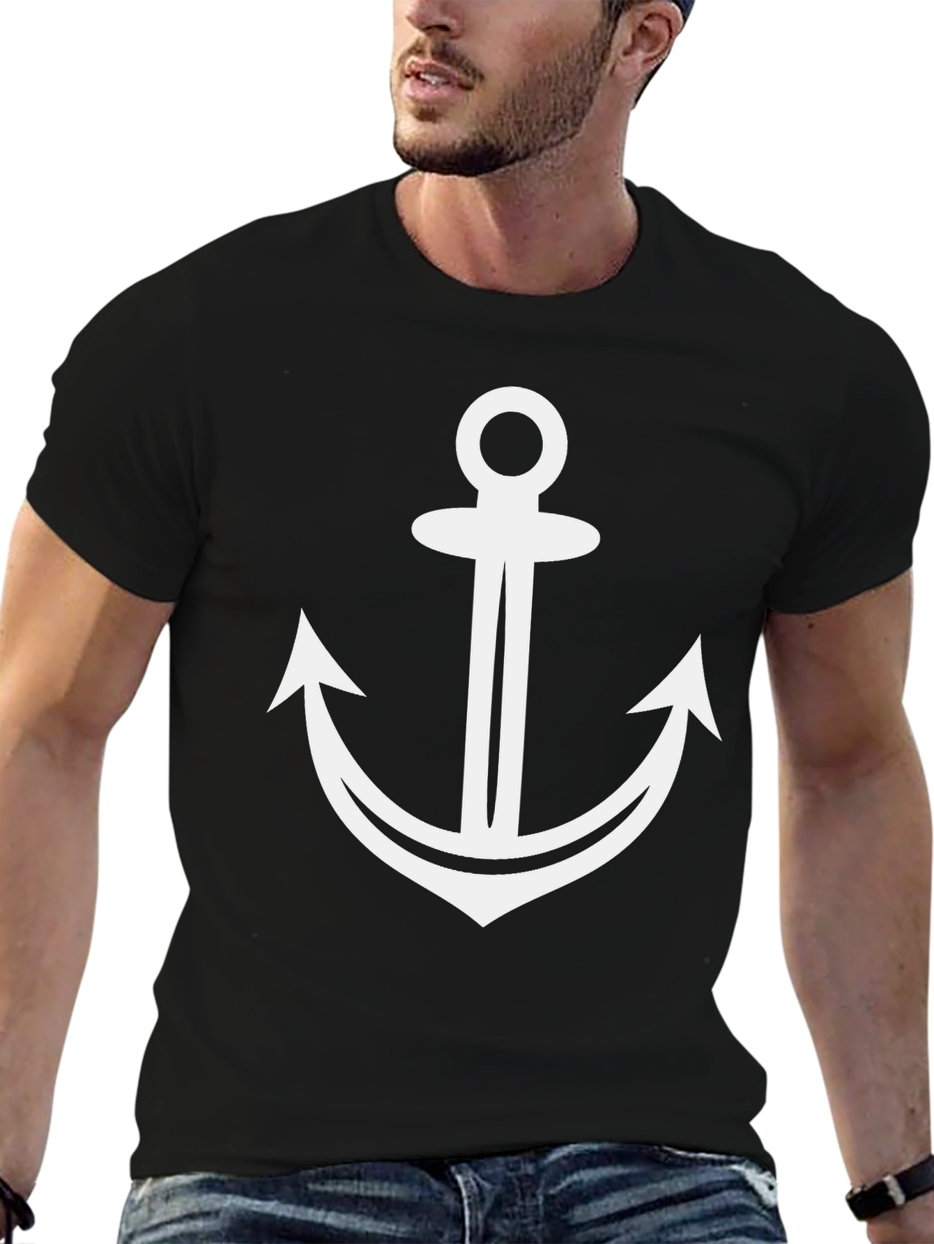 Nautical Anchor Graphic Tee - Black Cotton T-Shirt