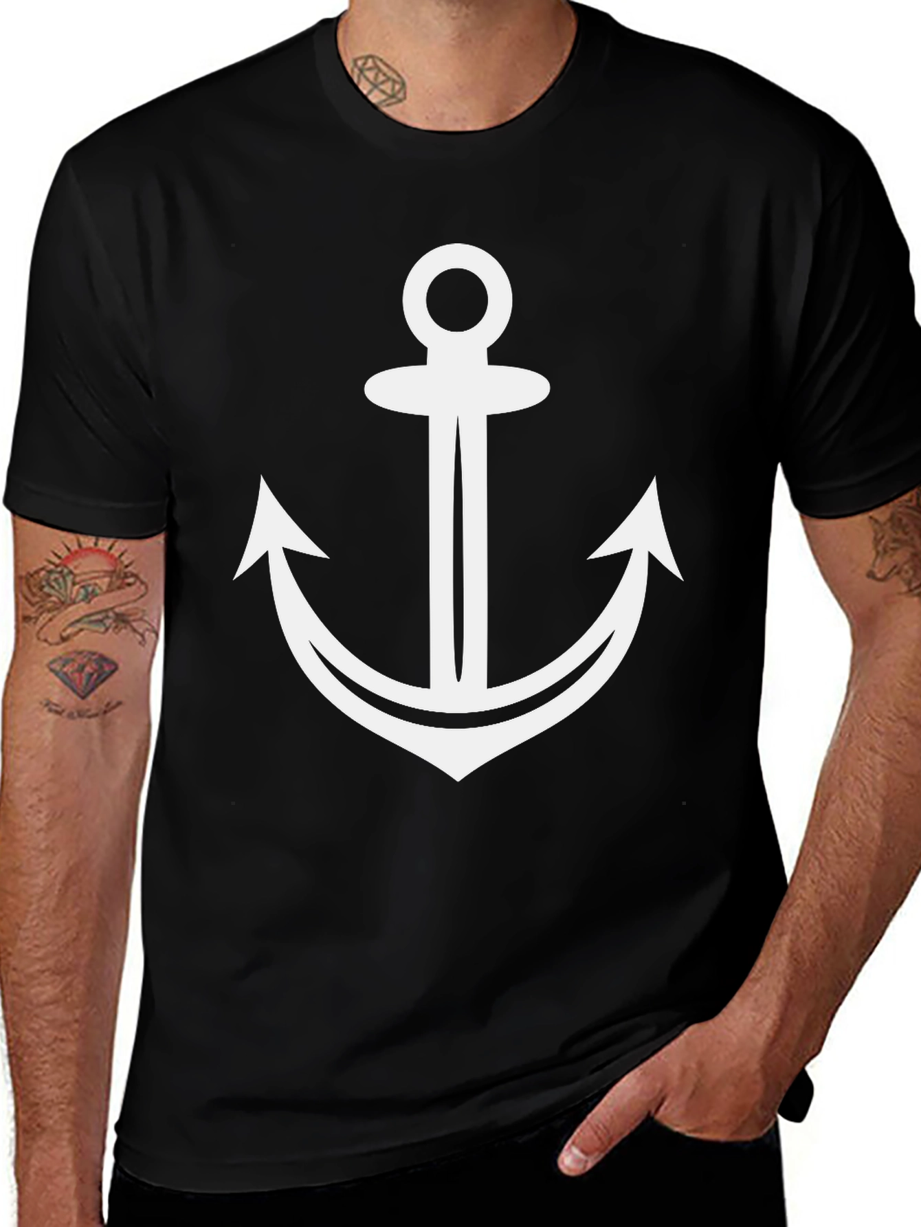 Nautical Anchor Graphic Tee - Black Cotton T-Shirt