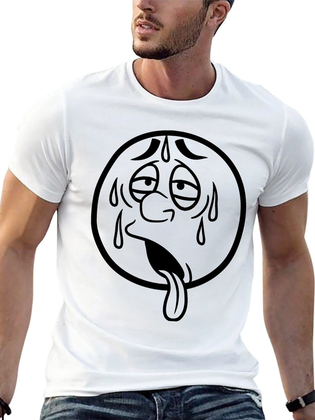 Sweaty Face Emoji Graphic T-Shirt - Black