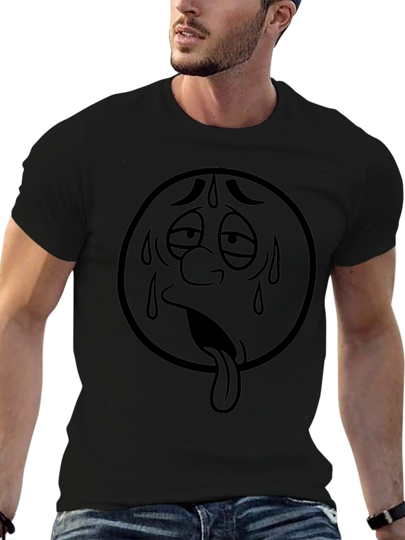 Sweaty Face Emoji Graphic T-Shirt - Black