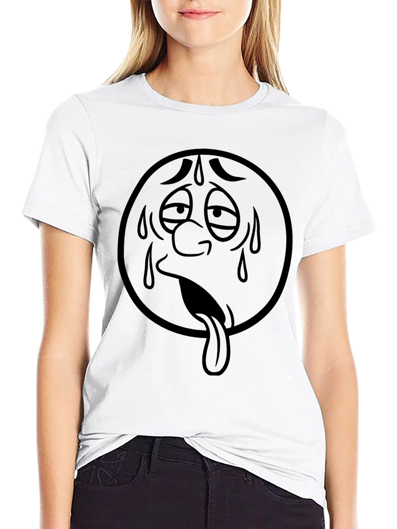Sweaty Face Emoji Graphic T-Shirt - Black