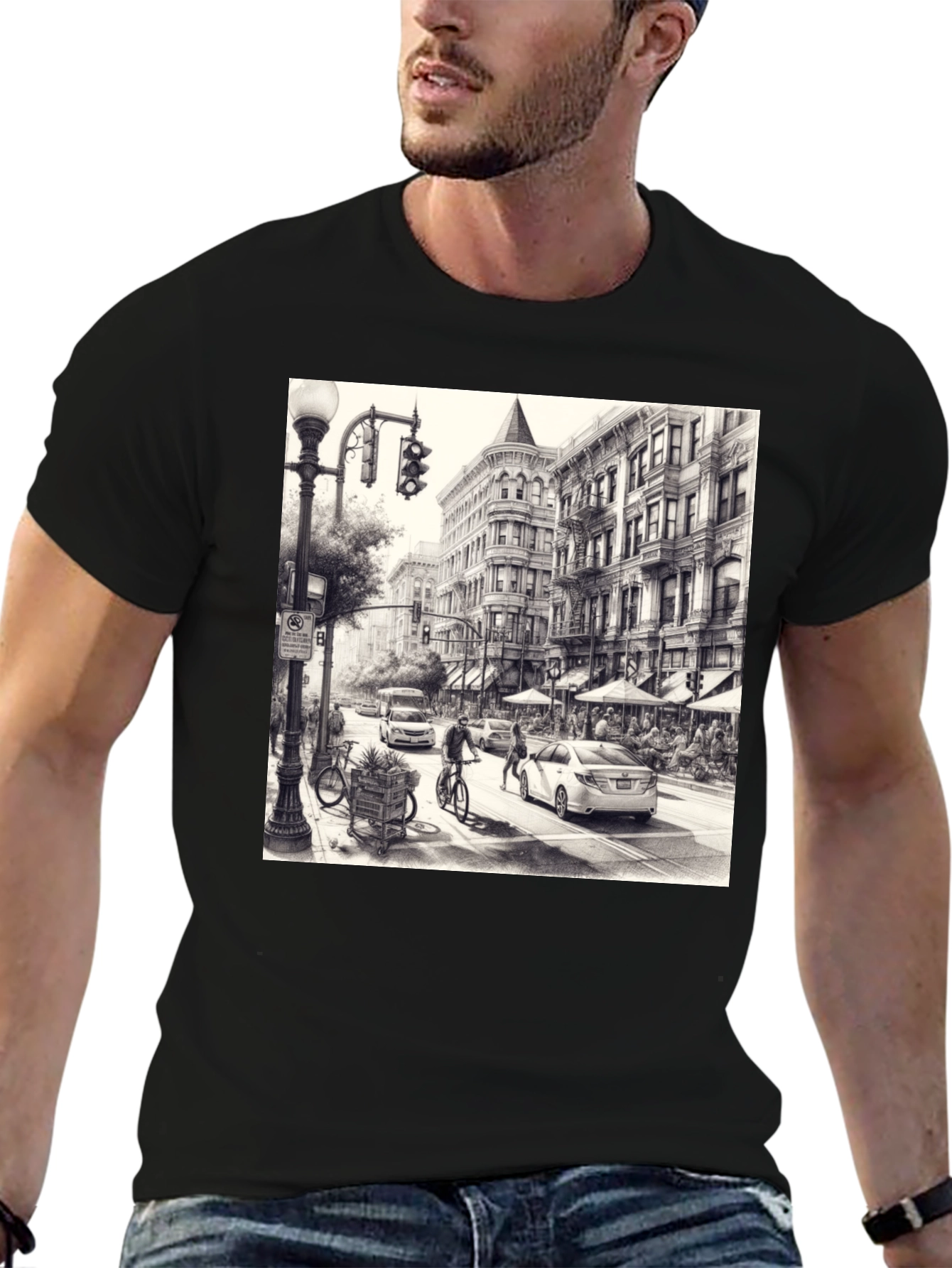 Urban Sketch Tee - Black Cotton Graphic T-Shirt